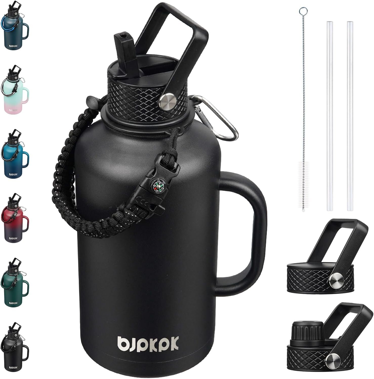 BJPKPK Half Gallon Insulated Water Bottles with Straw Lid & Side Handle, 64oz Large, Stainless Steel Water Bottles with 3 Lids and Paracord Strap, Metal Water Jug,Black