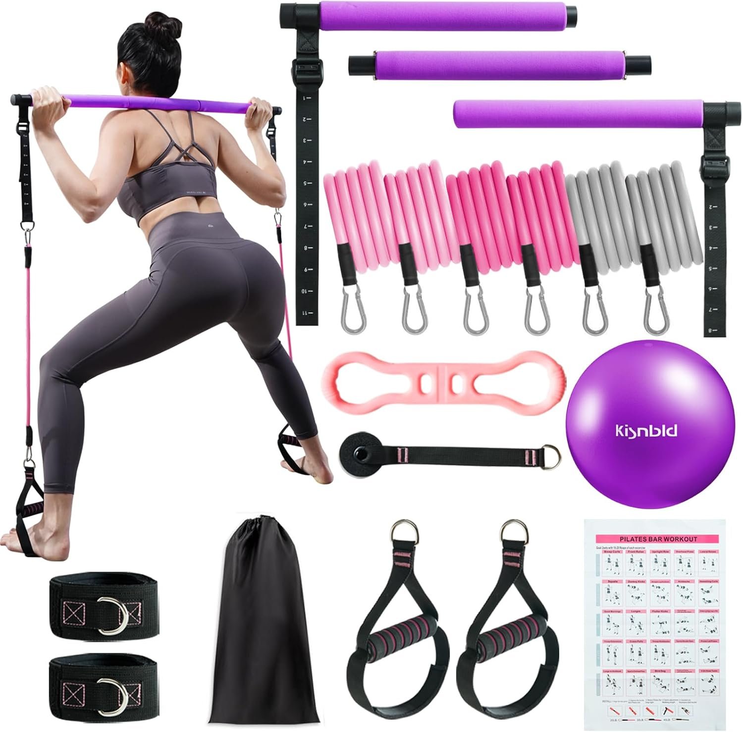 kisnbld Pilates Bar Kit with Resistance Bands, Multifunctional Pilates Bar with 3 Set Exercise Resistance Bands, Portable Pilates Equipment for Women Home Gym Yoga Workouts