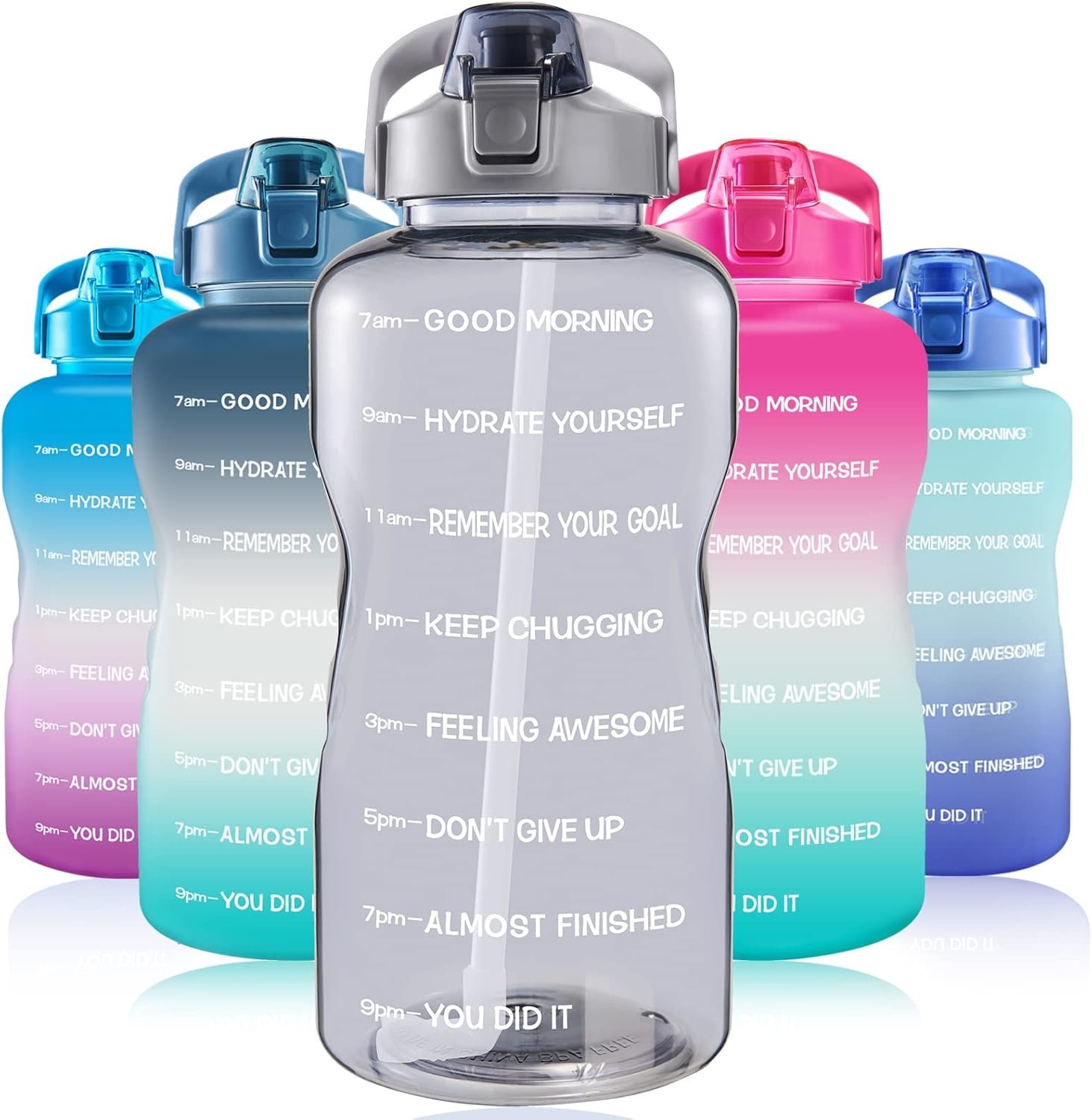 EYQ 64oz/128oz Leakproof Free Drinking Water Bottle with Motivational Time Marker BPA Free for Fitness, Gym and Outdoor Sports
