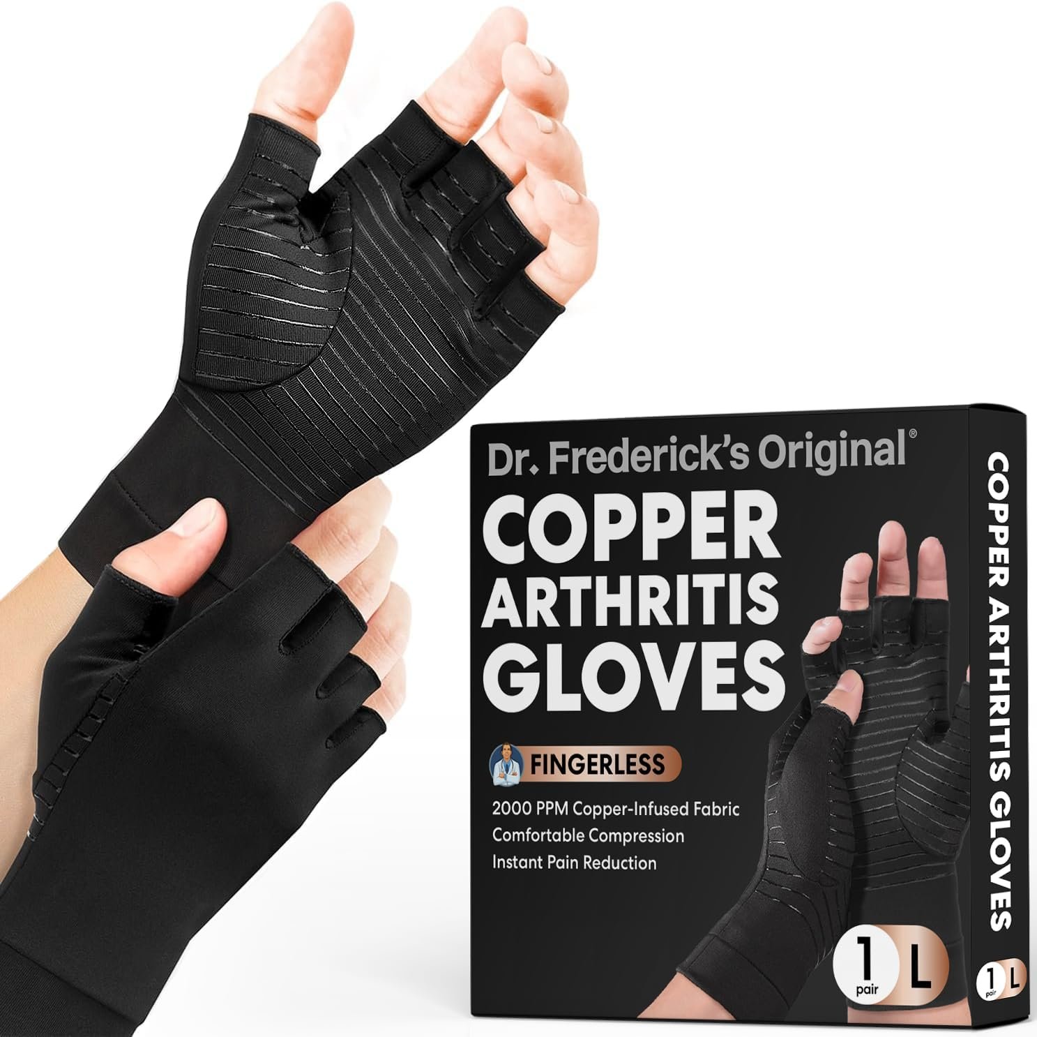 Dr. Frederick’s Original Copper Compression Arthritis Gloves – Doctor-Developed Hand Pain Relief for Arthritis, Carpal Tunnel & Tendonitis – All-Day Comfort, Typing & Daily Use – Fingerless, Large