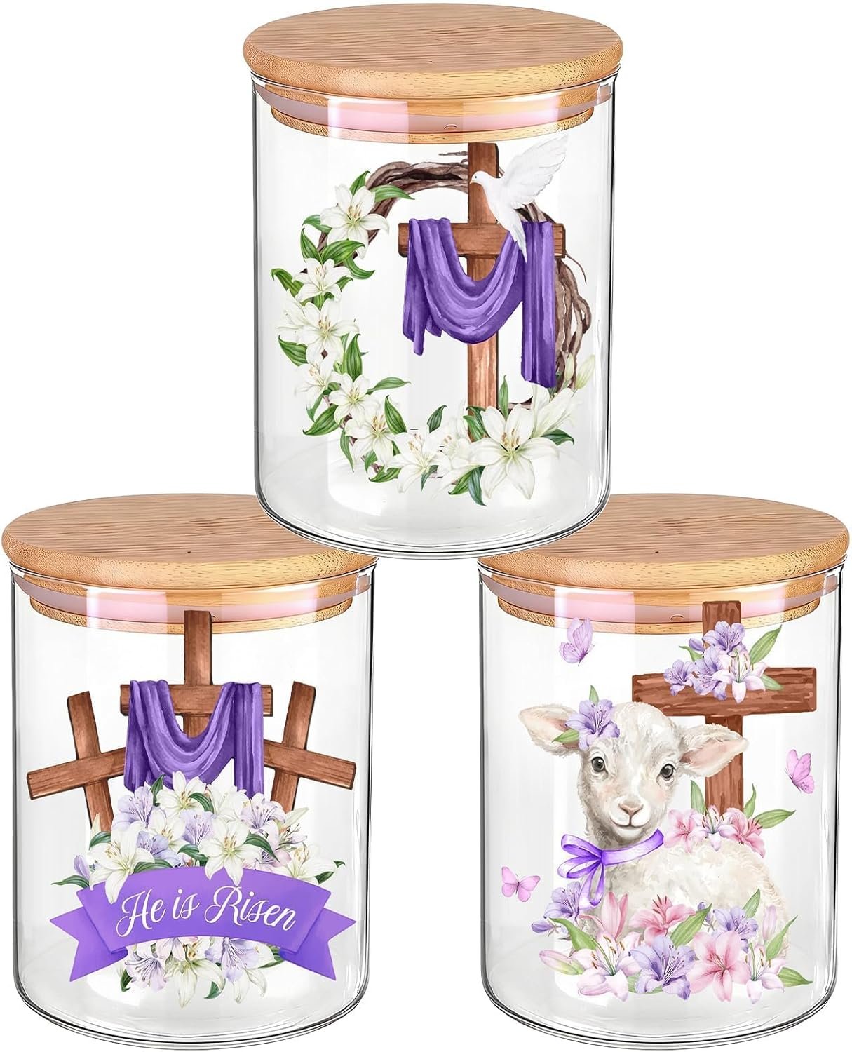 3 Pcs Christian Gifts Glass Storage Jars Bible Verse Mothers Day Birthday Graduation Candy Jar with Airtight Bamboo Lid Crosses Lambs Lilies Dishes Decorative for Women Spring Home Kitchen 500ML