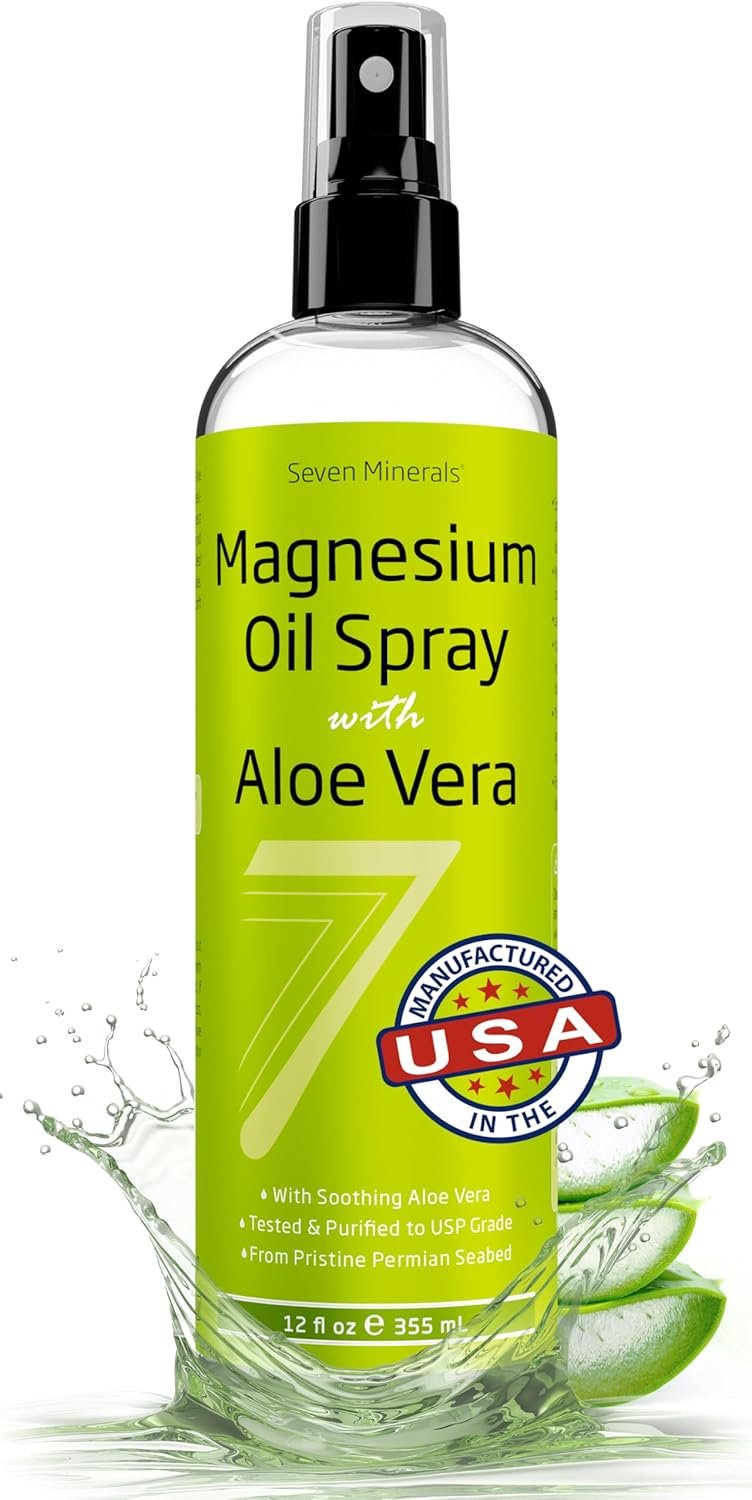 Seven Minerals Pure Magnesium Oil Spray with Aloe Vera 12oz – Pharmaceutical (USP) Grade, Highest Strength with Instant Relief for Feet, Sleep, Muscle Pain & Cramps – Mined in The USA