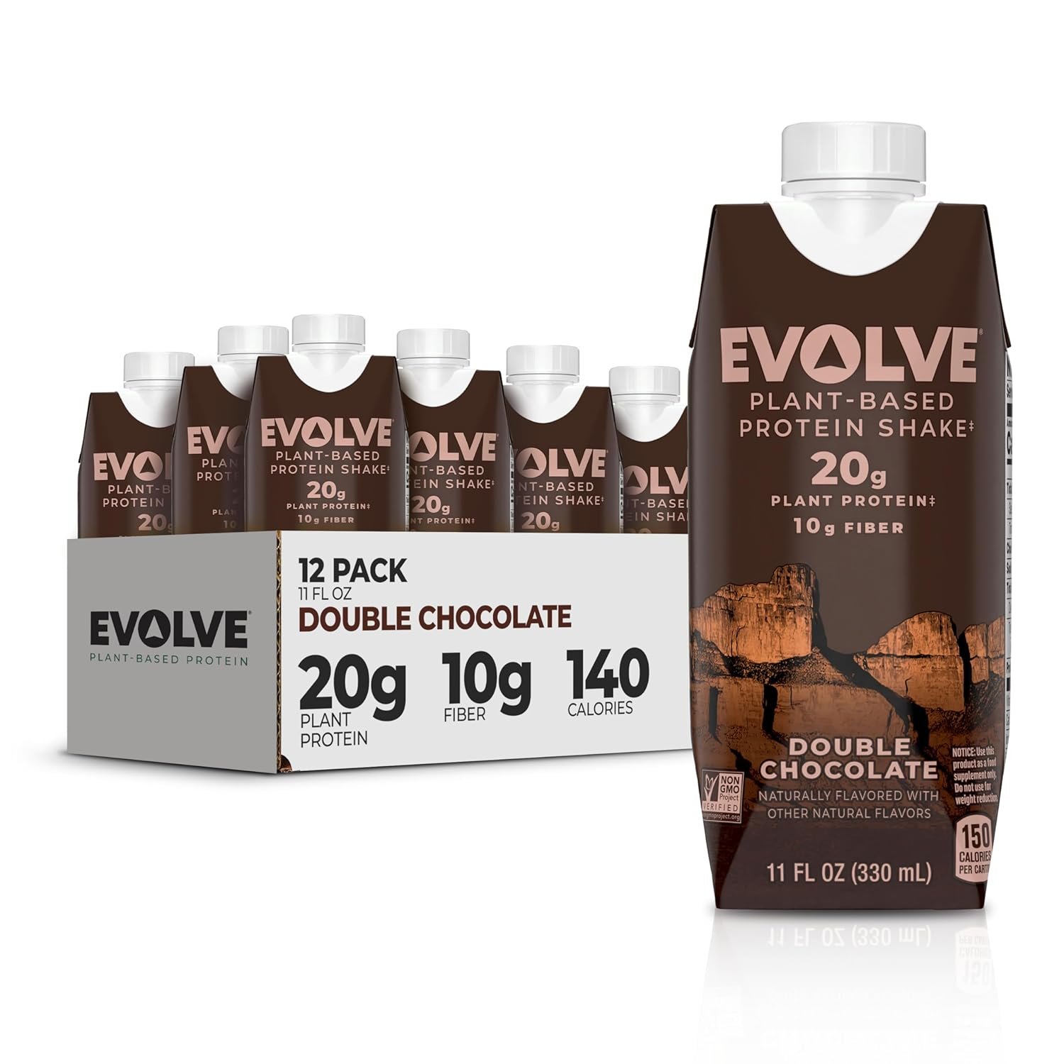 Evolve Plant Based Protein Shake, Double Chocolate, 20g Vegan Protein, Dairy Free, No Artificial Sweeteners, Non-GMO, 10g Fiber, 11 Fl Oz (Pack of 12) – (Formula May Vary)