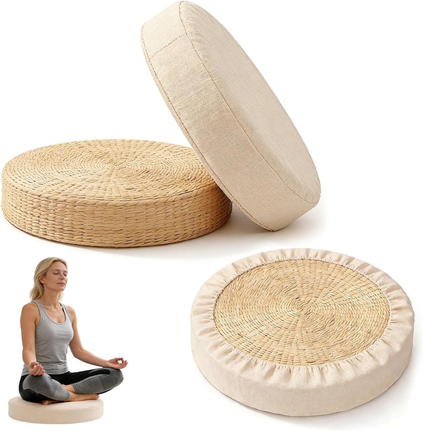 Handmade Natural Straw Zafu Meditation Cushion – Round Floor Pillow with Removable Sponge Pad & Protective Cover, Eco-Friendly Yoga Seat, for Women & Home Decor