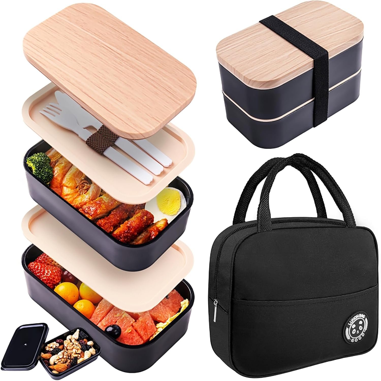 Healfyya Bento Box with Lunch Bag Microwavable All-in-One Meal Prep Compartment Lunch Containers with Utensils Leak Resistant Lunch Box with Sauce Container 60oz Black