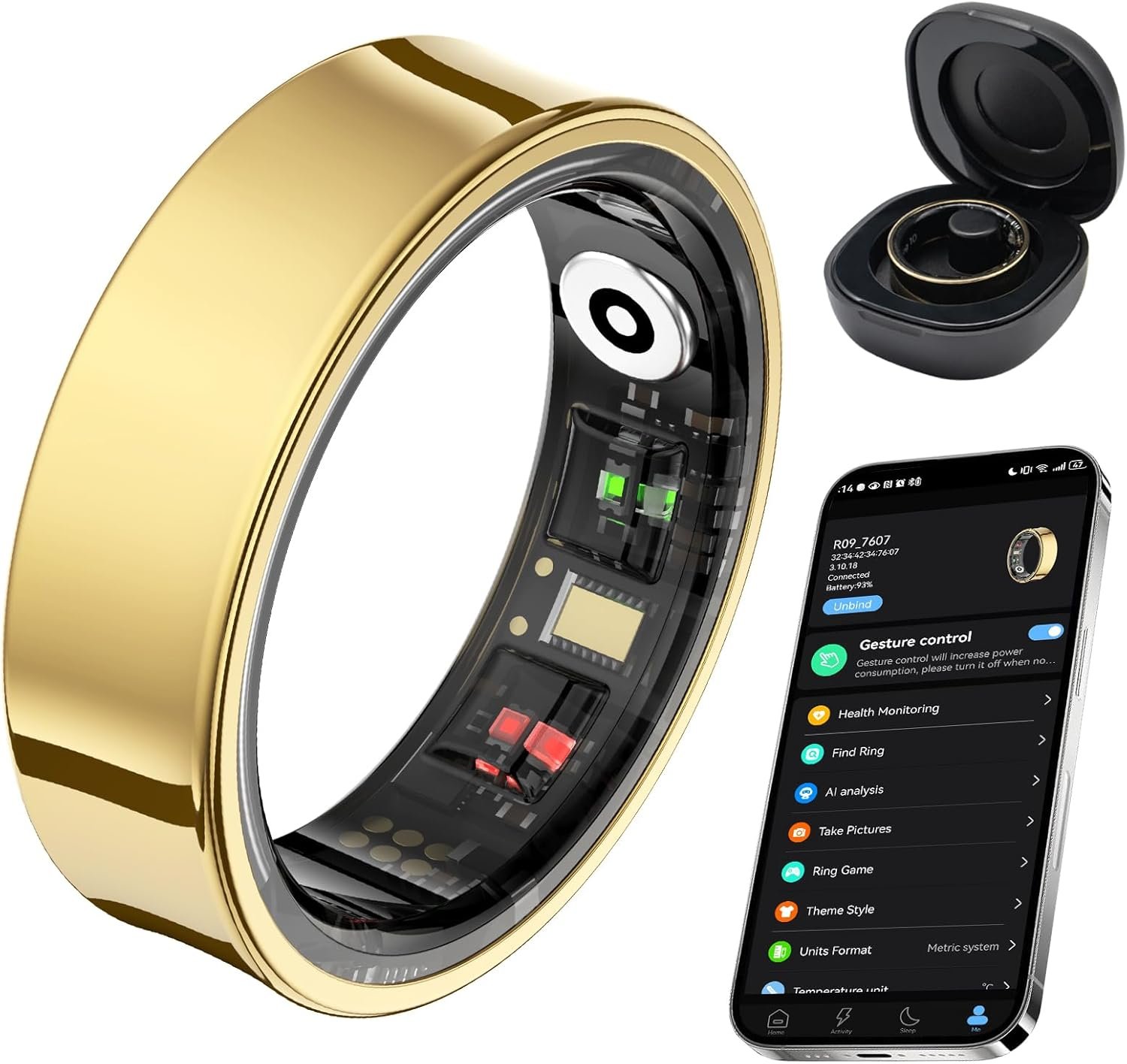Smart Ring for Women Men, Fitness Tracker Ring with Body Temperature, Sleep Monitor, Heart Rate, Blood Oxygen, Calories, No Subscription Fee, IP68 Waterproof for iPhone & Android (Gold, #7)