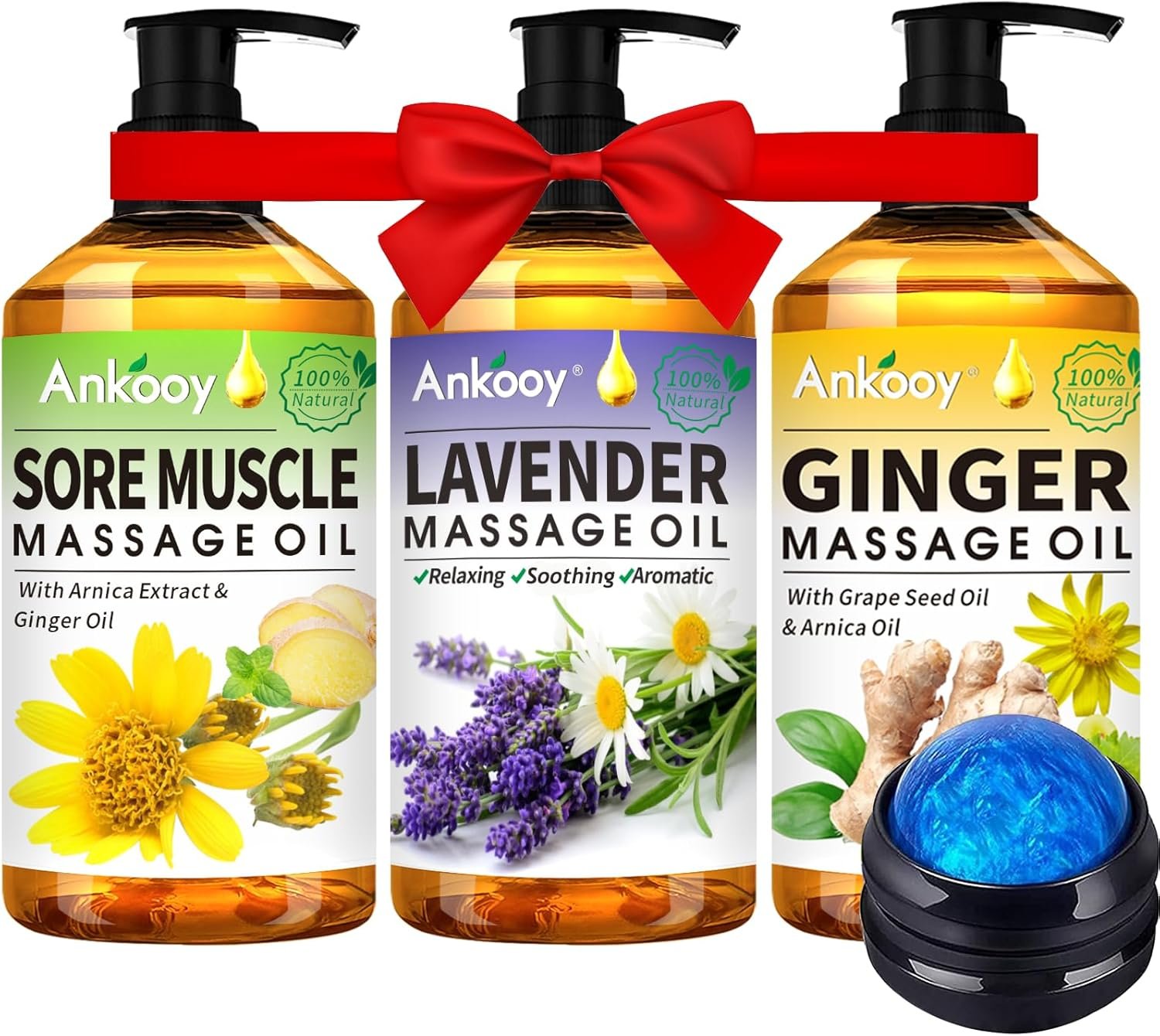 3 Pack Massage Oil for Massage Therapy,Sore Muscle Arnica Oil & Relaxing Lavender Oil & Ginger Oil Lymphatic Drainage & Massage Ball,Fathers Day Gift for Husband,Dad,Gifts from Wife,Daughter