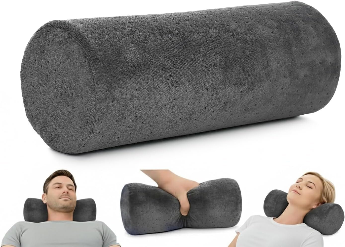 AllSett Health Round Cervical Roll Cylinder Bolster Pillow with Removable Washable Cover, Ergonomically Designed for Head, Neck, Back, and Legs, Grey | 13″ X 5″