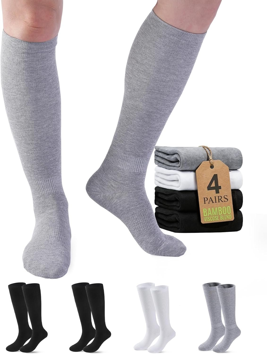 4 Pairs Copper Bamboo Viscose Compression Socks, Soft Breathable Knee High, Women Men, Gentle Support Travel Daily