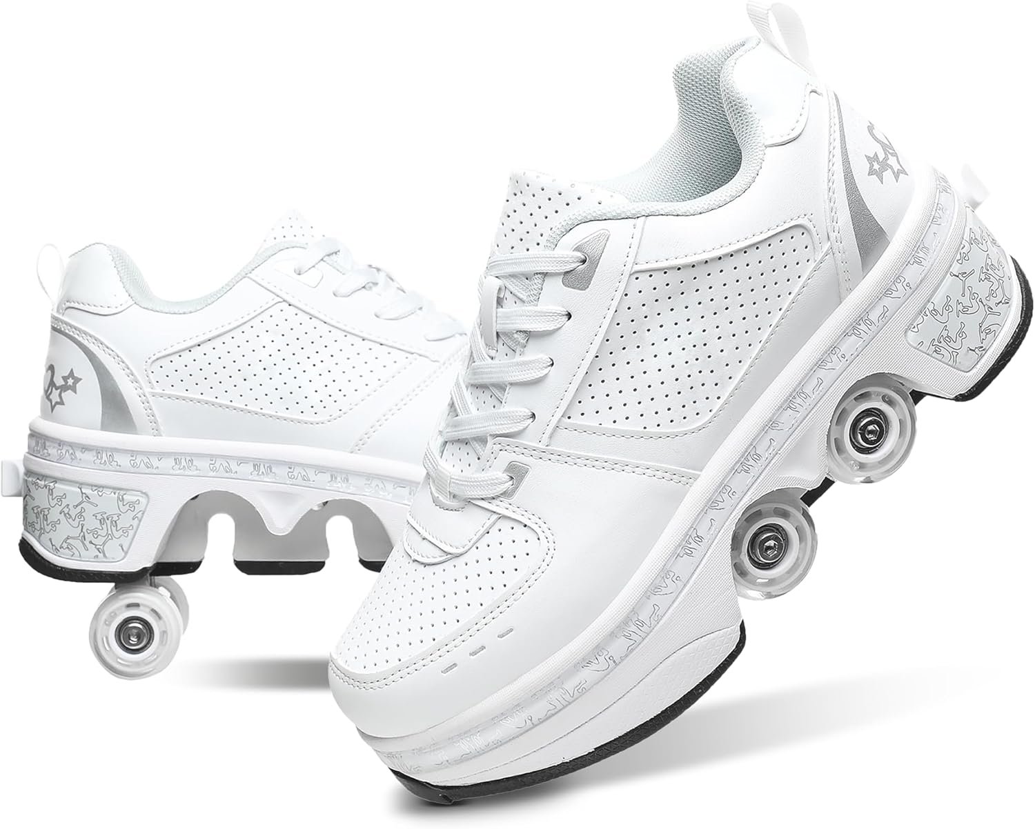 Roller Skate Shoes for Girls, Boys, 2-in-1 Skating Shoes for Man, Women, Retractable Roller Shoes for Kids, Deformation Shoes with Wheels, White