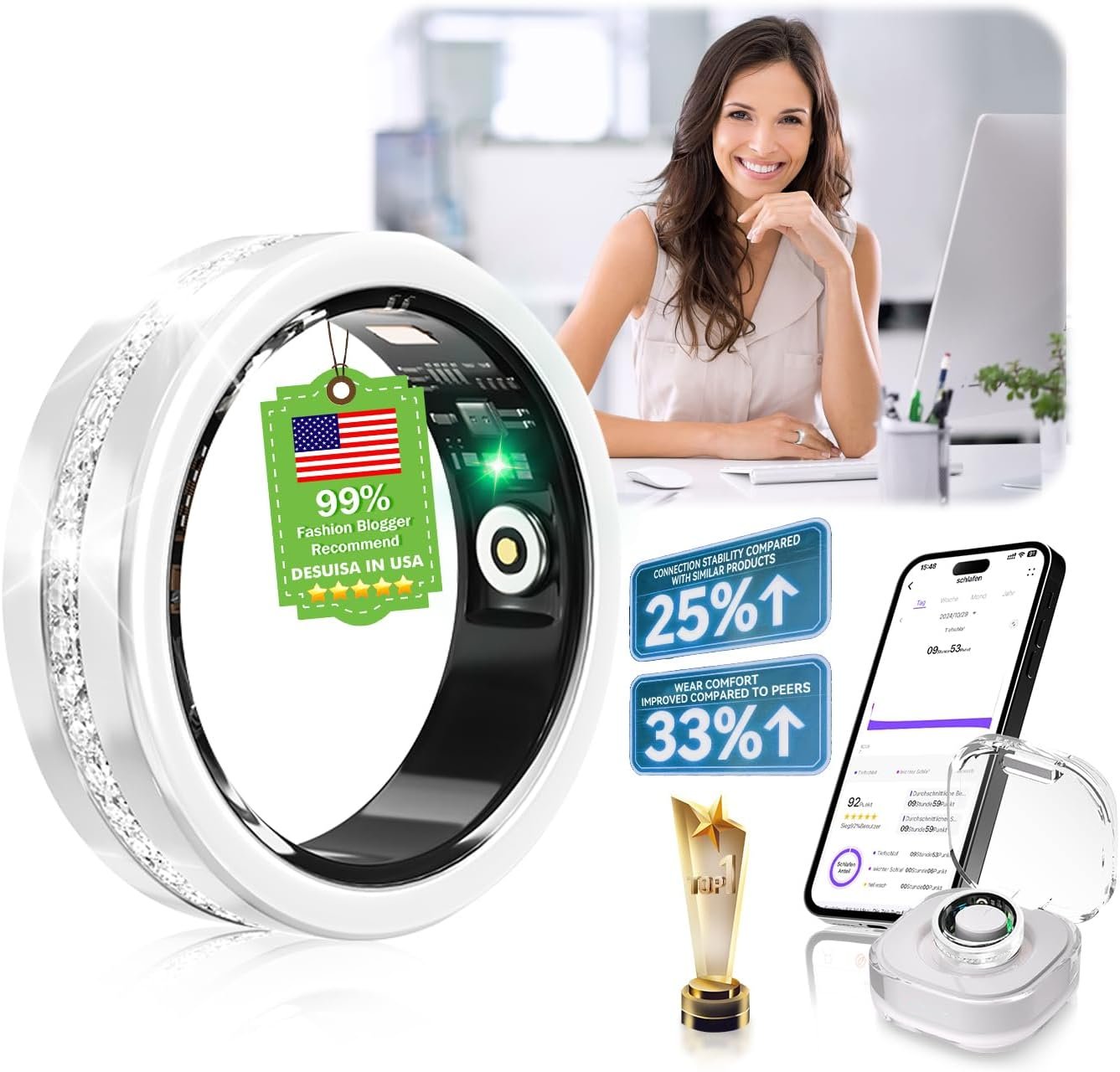 10 Gen Diamond Smart Ring and Wireless Charging Case【Industry Ranking No.1 – 0 Measurement Error】 2026 Smart Ring for Women & Men for Sleep Tracking Wearable Device,Fitness Ring【Slive 10#】