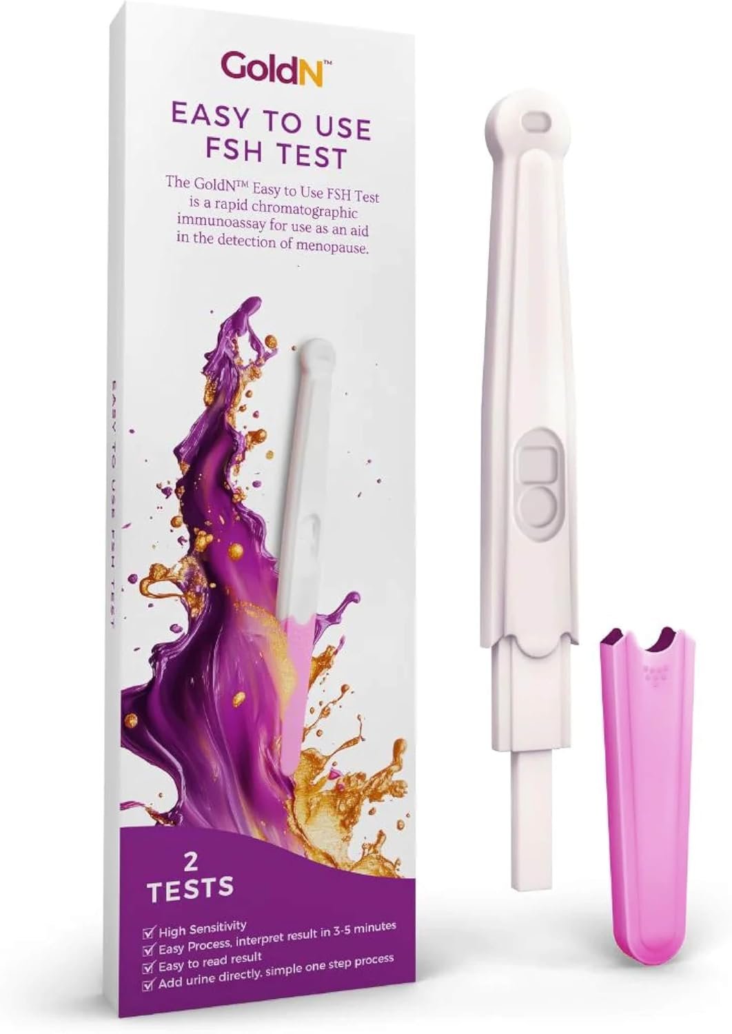 GoldN™ Easy to Use FSH Test for Women – Menopause & Fertility Hormone Urine Kit | Fast & Accurate Results in 5 Minutes | FDA-Compliant, Discreet, Stress-Free At-Home Strips | 2 Tests