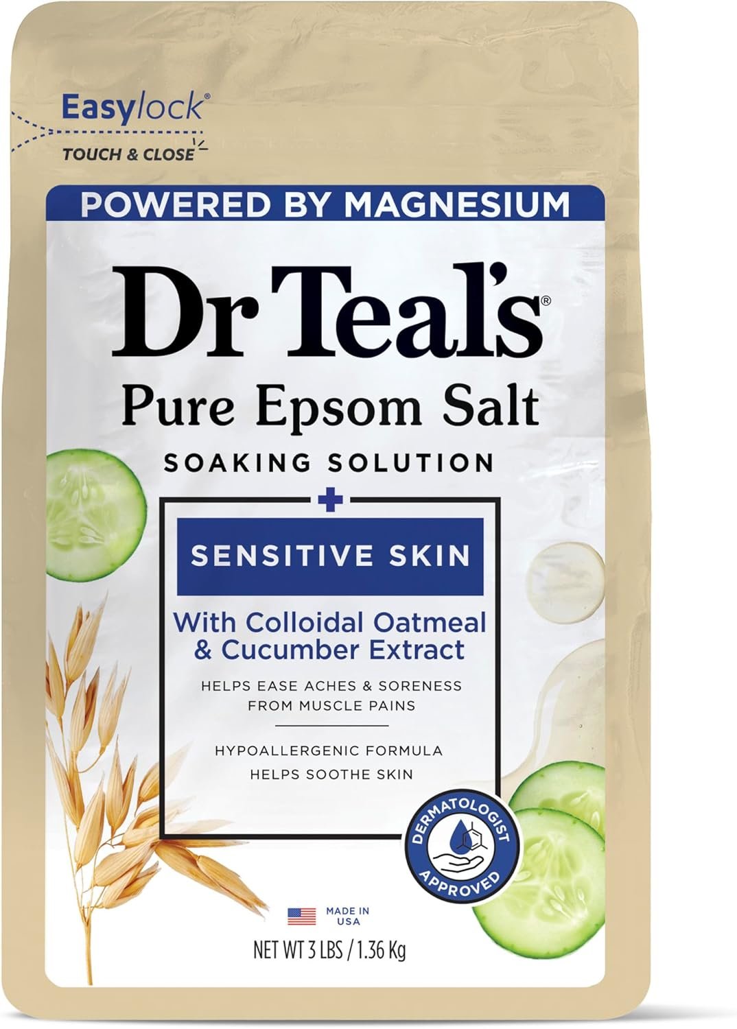 Dr Teal’s Epsom Salt Magnesium Soak, Sensitive Skin with Colloidal Oatmeal & Cucumber Extract, 3 lbs