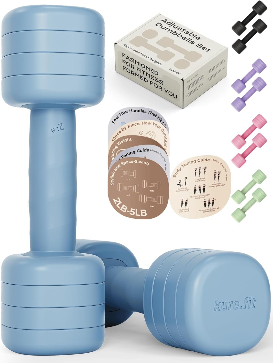 Adjustable Dumbbell Set｜2LB 3LB 4LB 5LB Light Hand Weights for Women｜One-Twist Weight Adjustment｜Non-Slip Curved Grip Handle｜Free Weights for Home Gym, Rehab, Pilates, Yoga, Strength Training