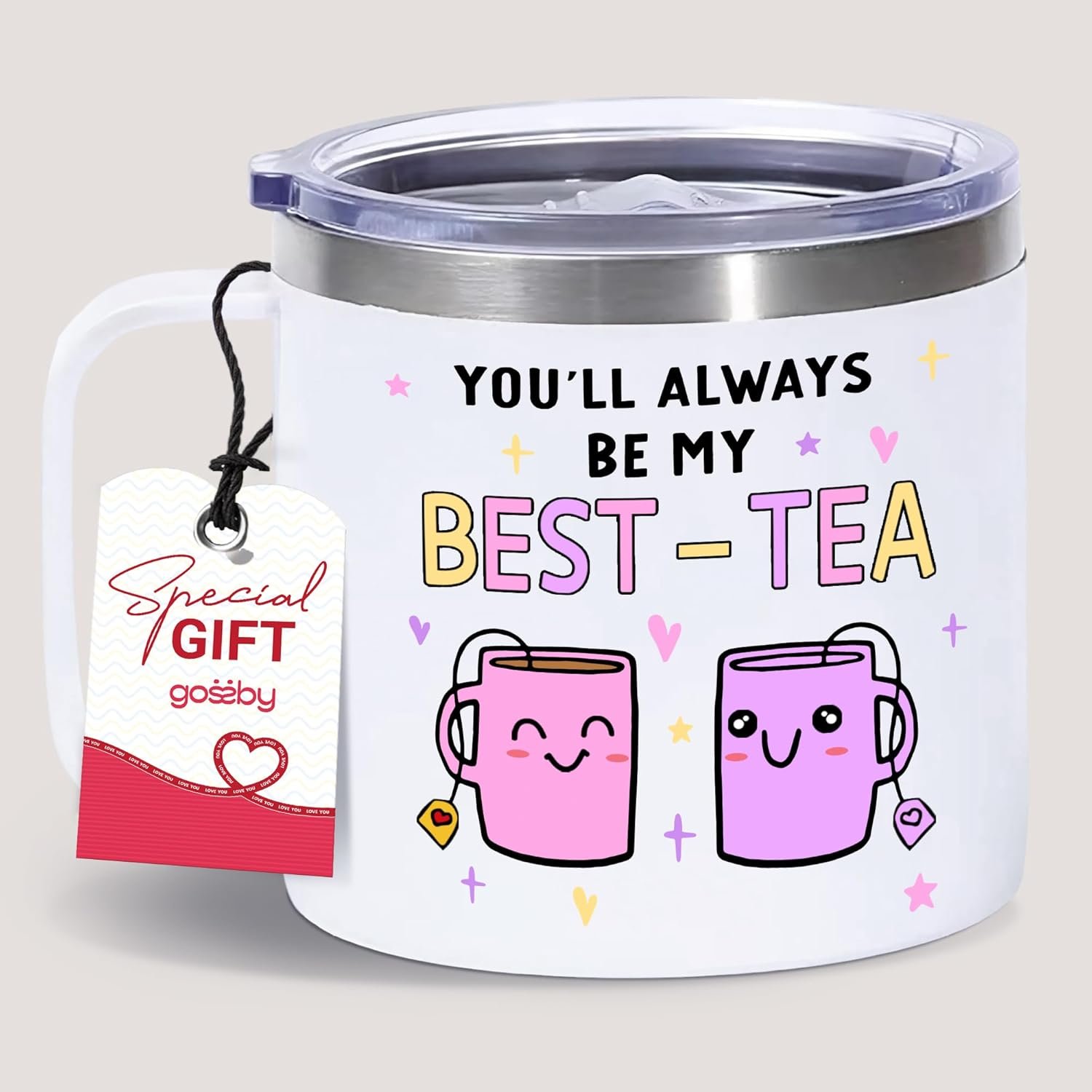 Gossby Bestie Gift for Women – 14oz BEST-TEA Insulated Tumbler Mug – Friend Tumbler Mug for Woman – Christmas, Birthday, Friendship Gift for Best Friend – Bestie Cup with Lid, Straw