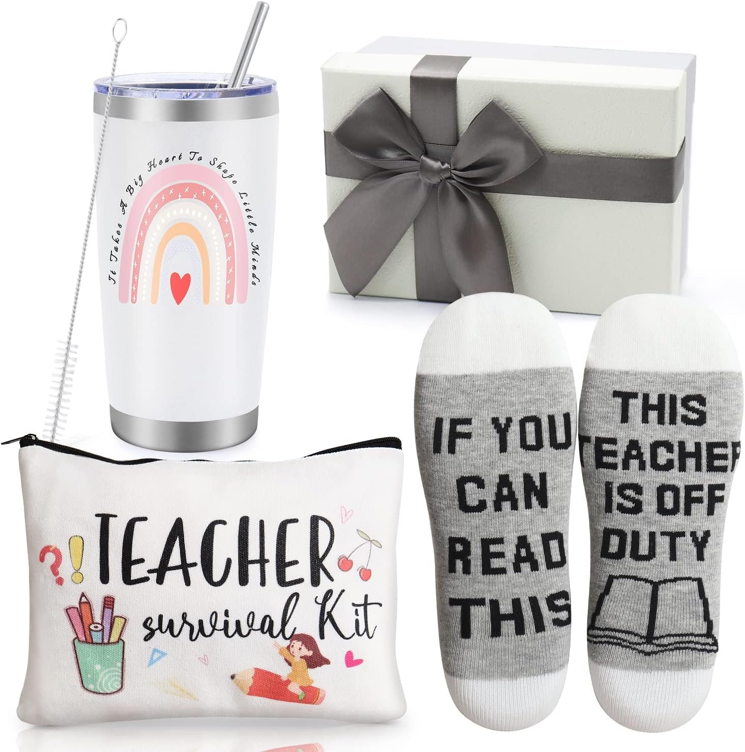 Best Teacher Appreciation Gifts,20 OZ Insulated Tumbler for Women Teacher,Unique Gift Ideas from Students – Funny Socks Thank You Basket Box for New Teachers,Christmas Gifts for Teachers
