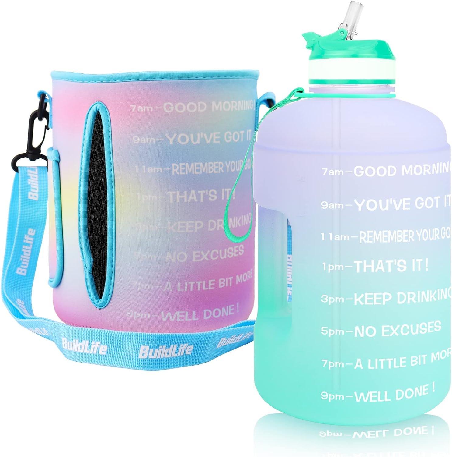 BuildLife 1 Gallon Water Bottle with Time Marker and Straw –Large Water Bottle- Motivational Water Bottles with Times to Drink, Leak Proof BPA Free Gallon Water Jug for Sports,Gym