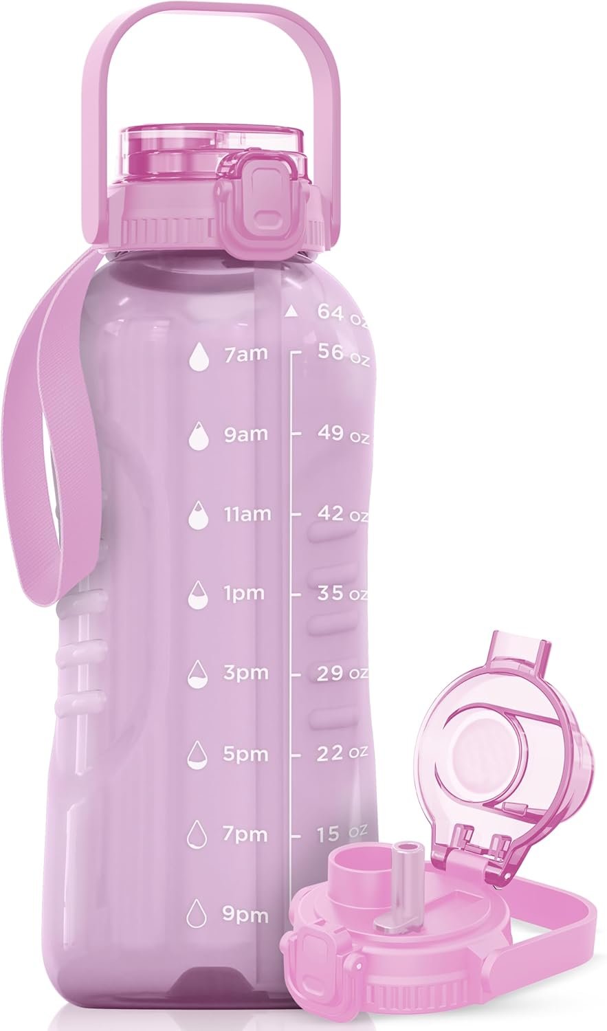 AQUAFIT 64 oz Water Bottle with Time Marker – 2in1 Straw & Chug Lid – BPA Free Big Water Bottle with Straw – Gym Water Bottle with Strap – Water Jug (64 Ounces, Purple Haze)