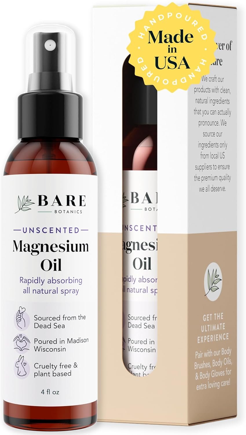 Bare Botanics Magnesium Oil Spray 4oz Unscented | Topical Magnesium Chloride Mist from the Dead Sea | Handpoured in Madison, WI