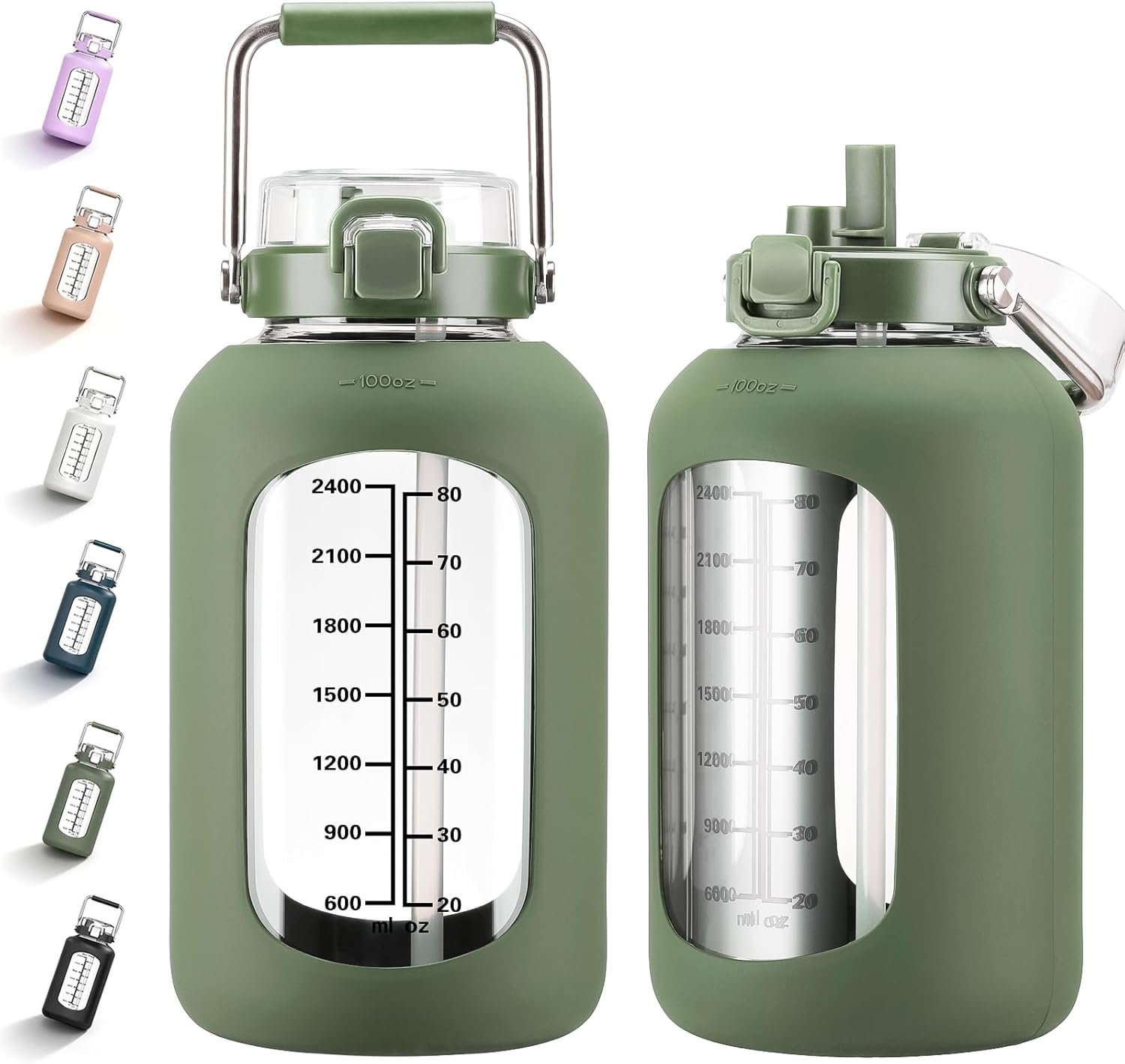 MUKOKO 100oz Glass Water Bottle with Time Marker and Silicone Sleeve 3L Large Water Jug with Stainless Steel Handle Gallon Drinking Bottle with 2-in-1 Lid Wide Mouth BPA Free, Oliver