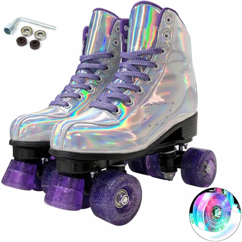 XUDREZ Roller Skates for Women, Holographic High Top PU Leather Rollerskates, Shiny Double-Row Four Wheels Skates Patines for Women Men Boys and Girls and Age 8-50 Indoor Outdoor