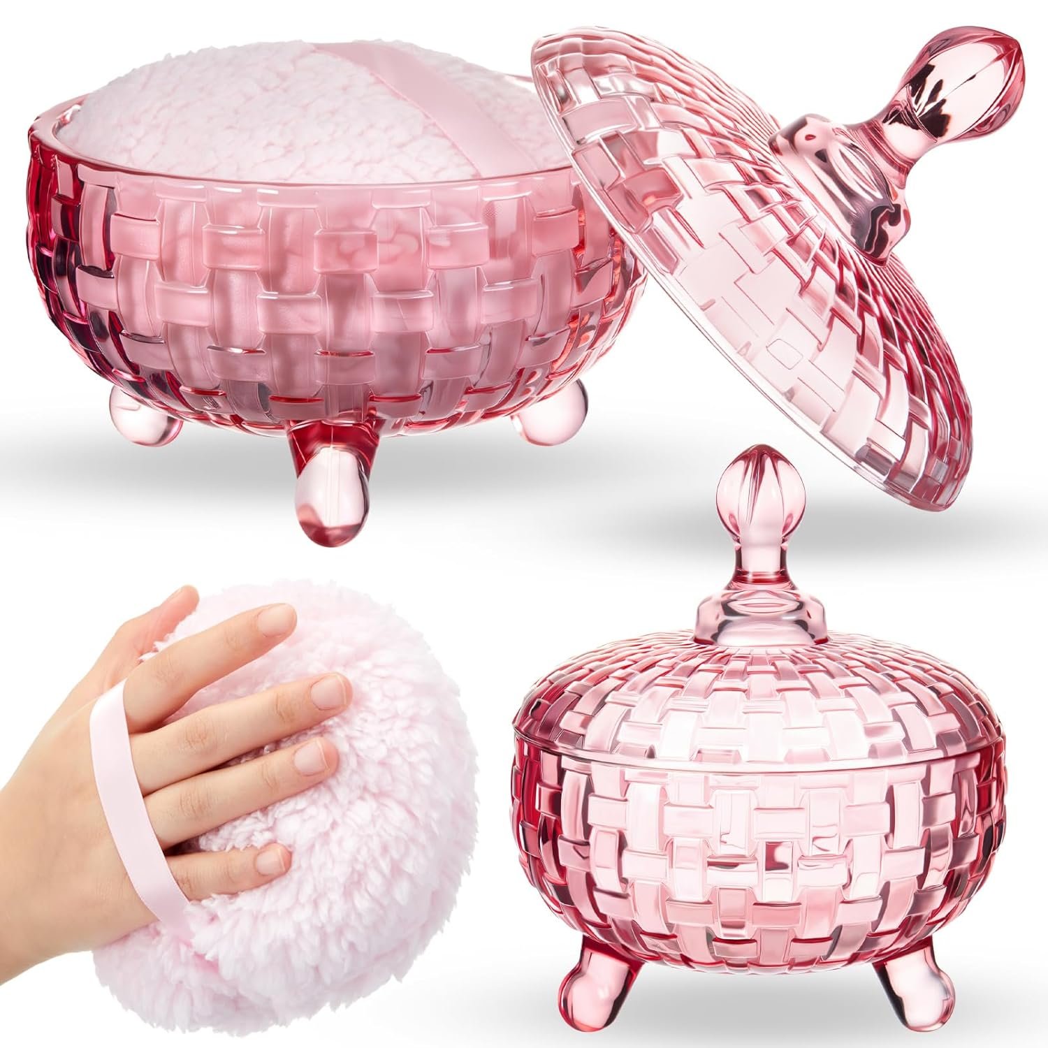 Tioncy 2 Pcs Extra Large Dusting Powder Puff and Container for Women-6” Glass Crystal Dusting Powder Container with Body Soft Washable Reusable Velour Face(Pink,Weave Design)