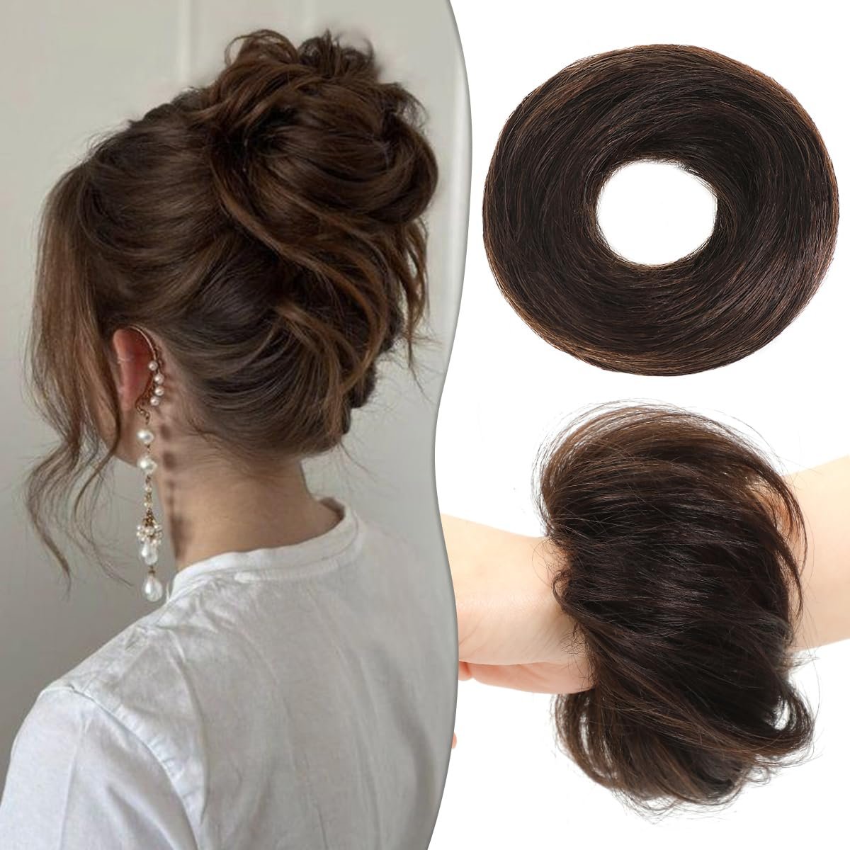 2Pcs Messy Bun Hair Piece 100% Human Hair Bun Scrunchies Natural Tousled Stretchy Fluffy Donut Updo Ponytail Extensions with Elastic Rubber Band Fake Bun Hair for Women,Dark Brown
