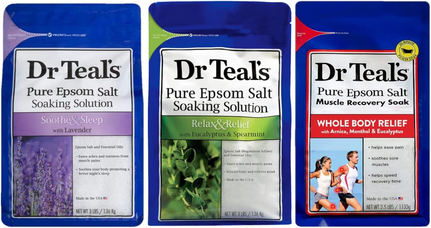 Dr Teals Epsom Salt Soak Combo (8.5 lbs Total) – Soothe & Sleep with Lavender, Relax & Relief with Eucalyptus & Spearmint, and Muscle Recovery with Arnica & Menthol – Treat Skin & Relieve Sore Muscles