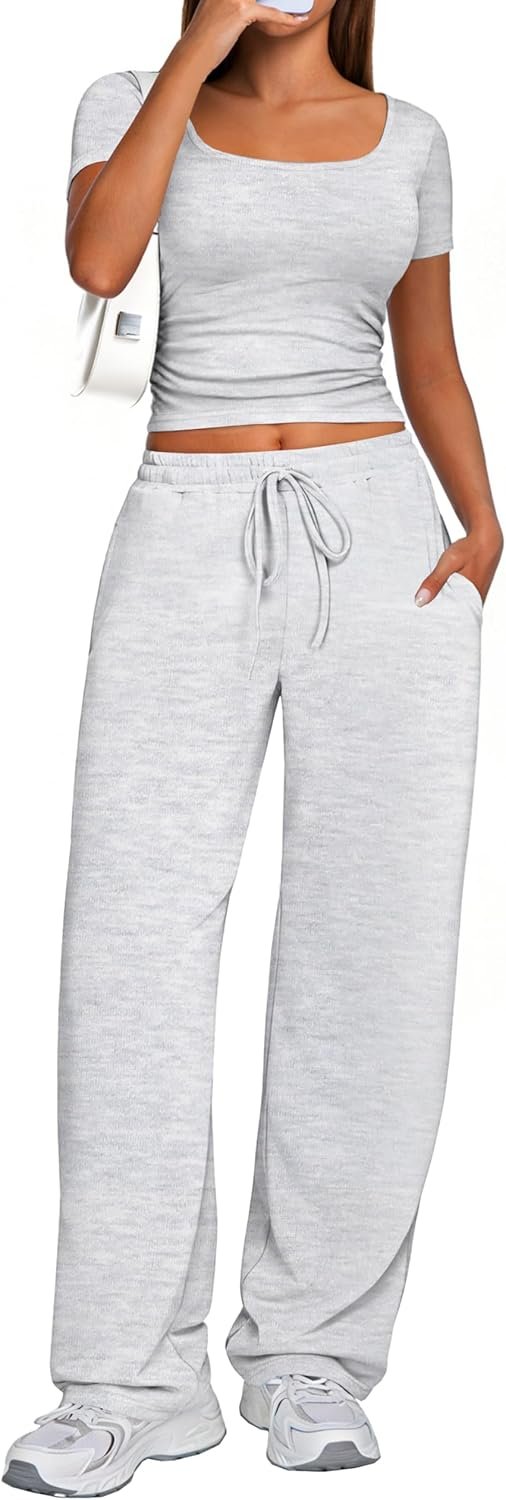Kivdol 2 Piece Square-neck casual suit Womens Wide Leg Pants Side Ruching Slightly Crop Top Sweatsuit Sets With Pockets