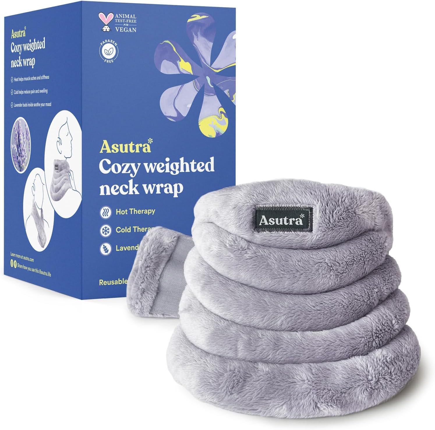ASUTRA Weighted Neck Wrap, Plush Gray, Microwaveable Heating Pad for Neck and Shoulders, Hot and Cold Compress, Lavender Aromatherapy