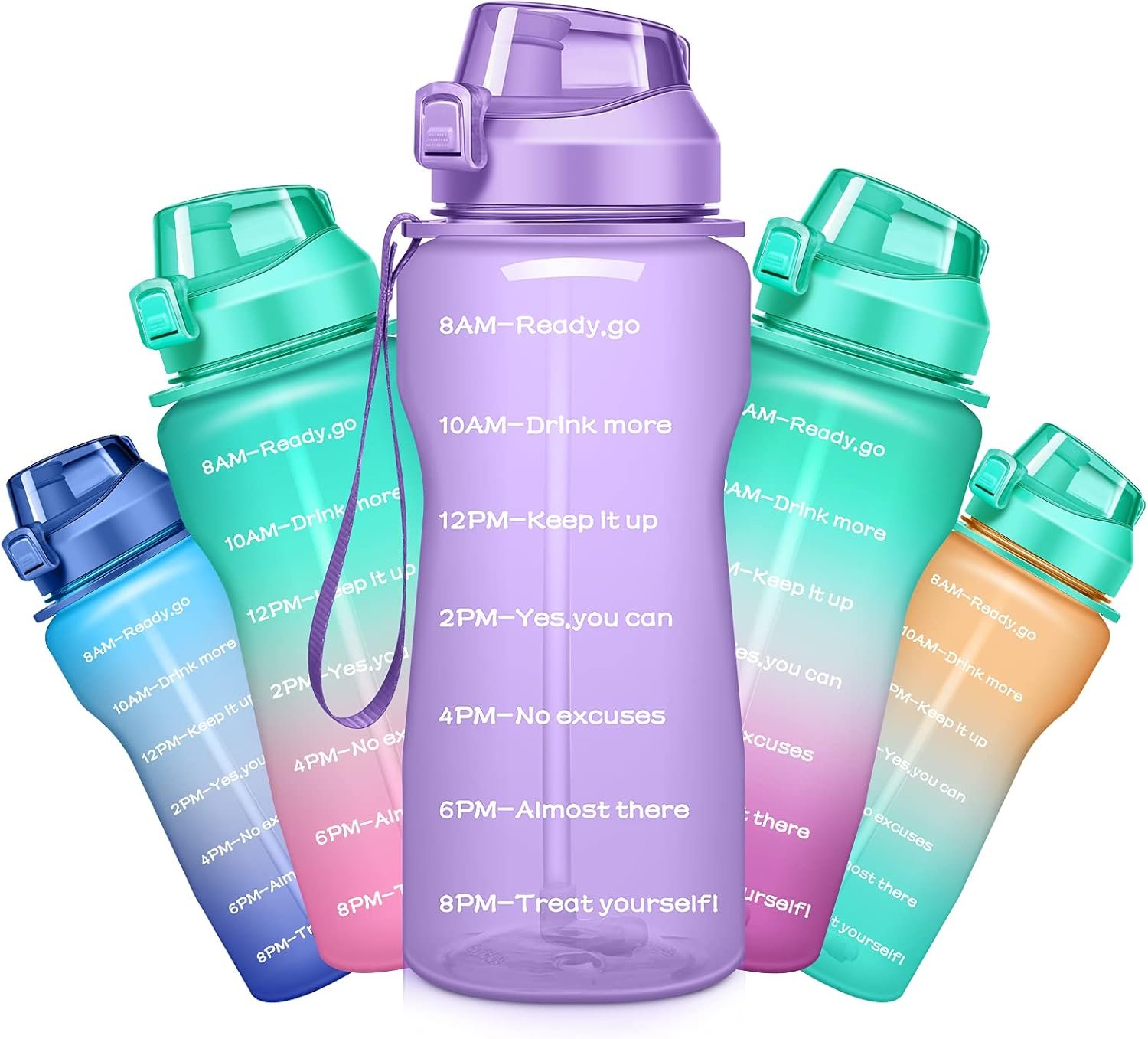 Gallon Motivational 64/100 oz Water Bottle with Time Marker & Straw, Large Daily Water Jug for Fitness Gym Outdoor Sports, Remind of All Day Hydration, Leak Proof, BPA Free (purple, 100oz)