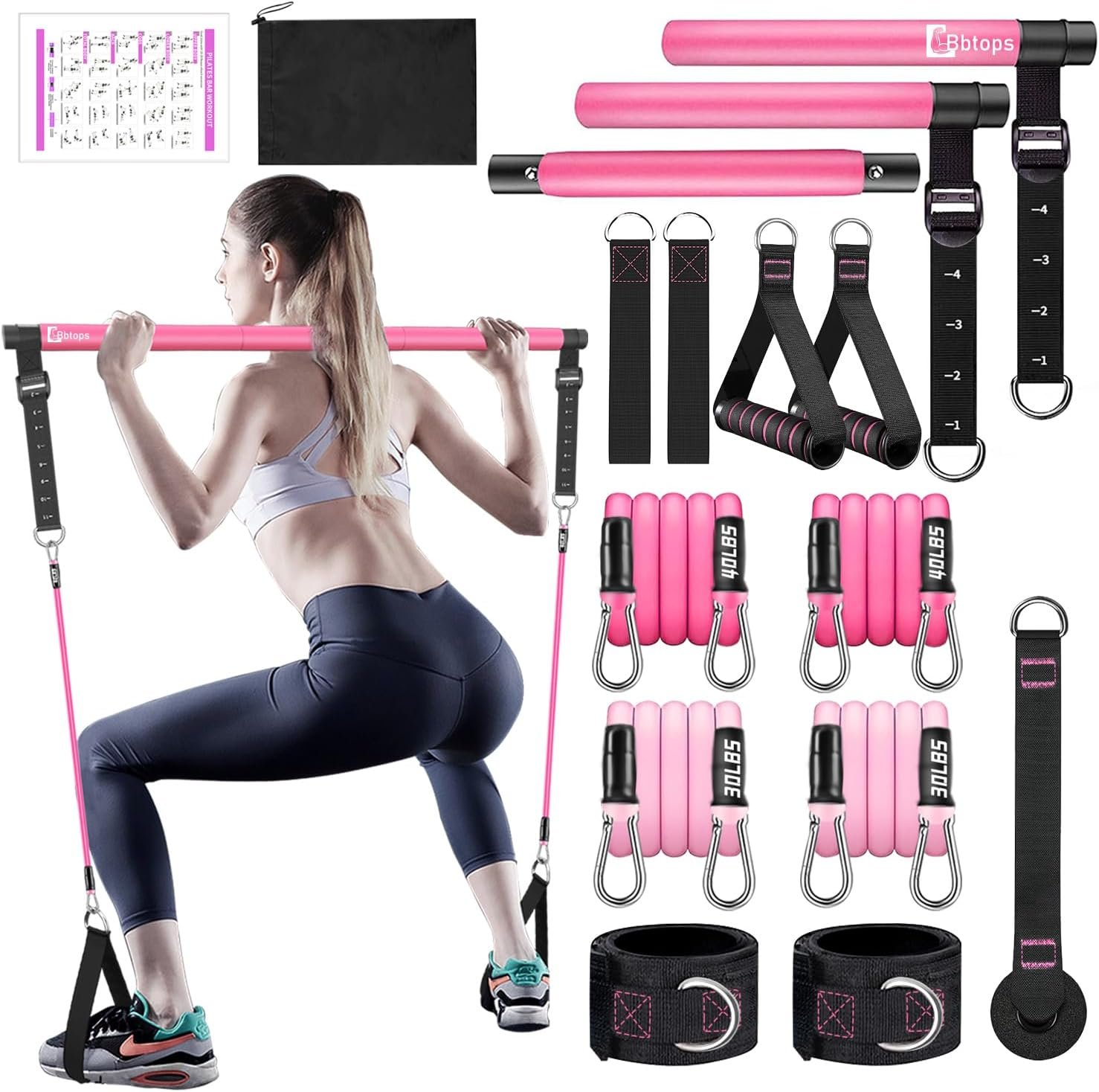 Bbtops Pilates Bar Kit with Resistance Bands,Pilates Bar with Stackable Bands Workout Equipment for Legs,Hip,Waist and Arm,Exercise Fitness Equipment for Women & Men Home Gym Yoga Pilates