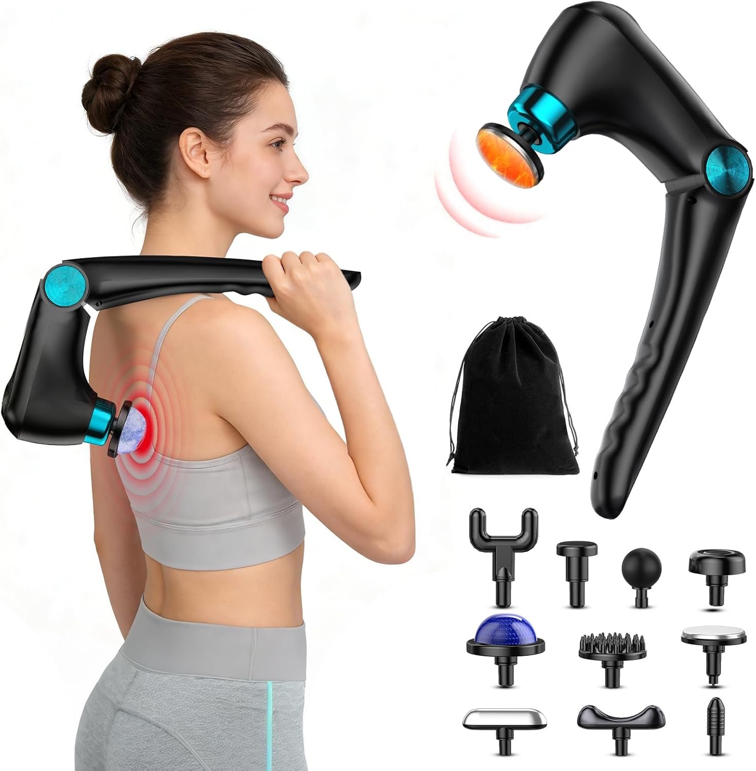 Back Massager with Heat & Cold Therapy, Foldable Deep Tissue Massage Gun for Back & Shoulders, Cordless Percussion Massager for Pain Relief, 9 Speeds, 10 Heads