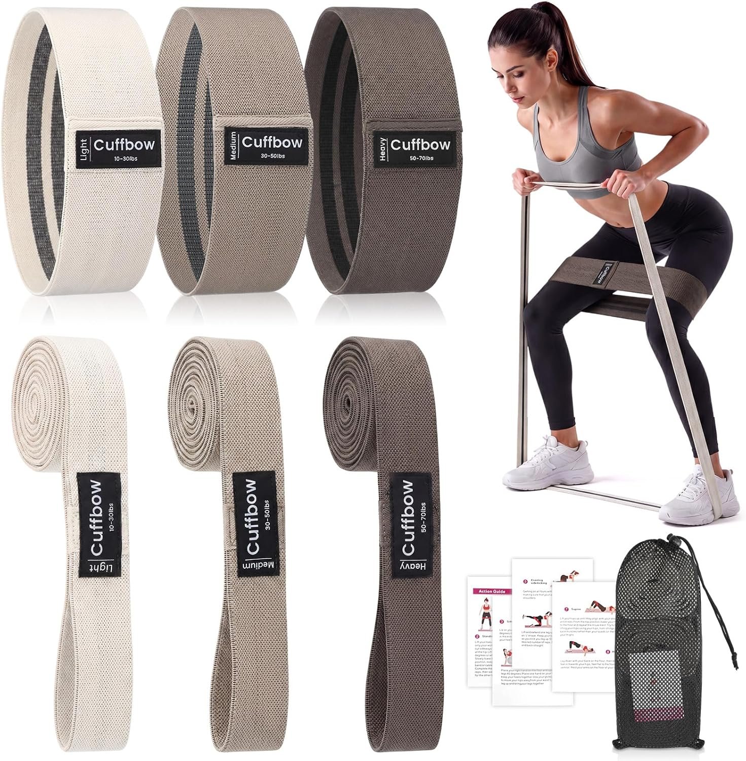 Cuffbow 6 Pcs Fabric Resistance Bands for Working Out Non Slip Exercise Bands for Men and Women Booty Workout Stretch Exercise Band for Legs Exercises Resistance Band for Home, Fitness, Pilates, Yoga