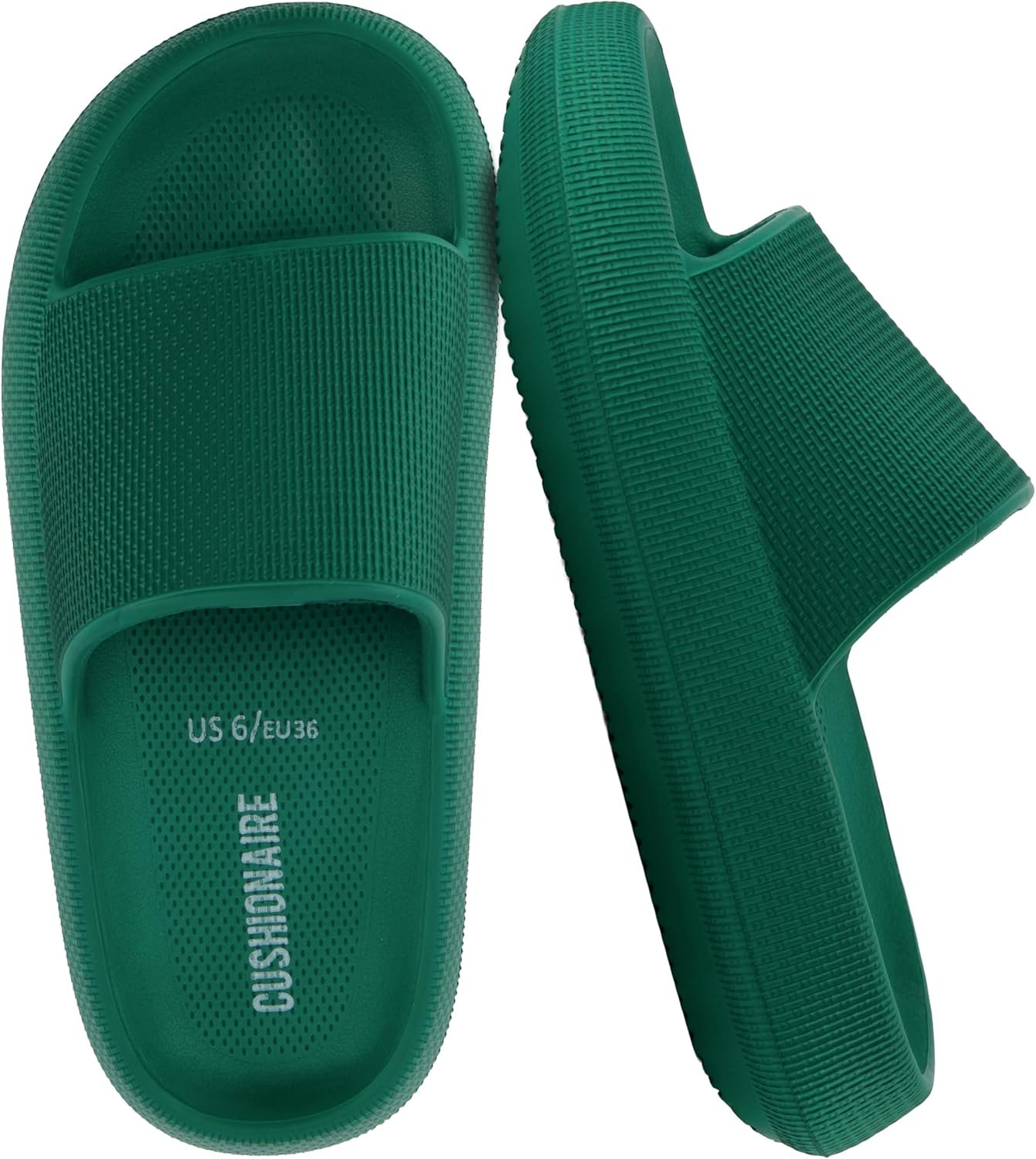 CUSHIONAIRE Feather EVA Slides for Women – Comfortable Slip On Womens Slippers, Indoor Outdoor Shower Shoes, Beach Essential Cloud Slides