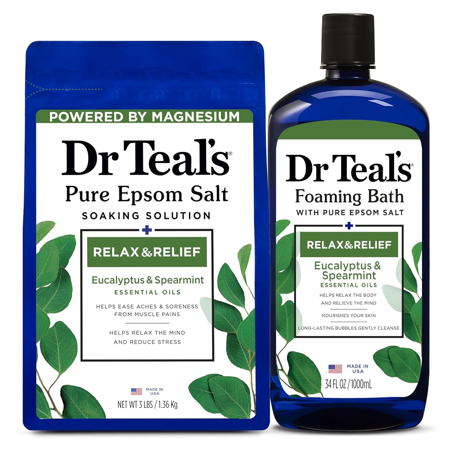 Dr Teal’s Pure Epsom Salt Soak and Foaming Bath, Relax & Relief with Eucalyptus & Spearmint, Combo Pack