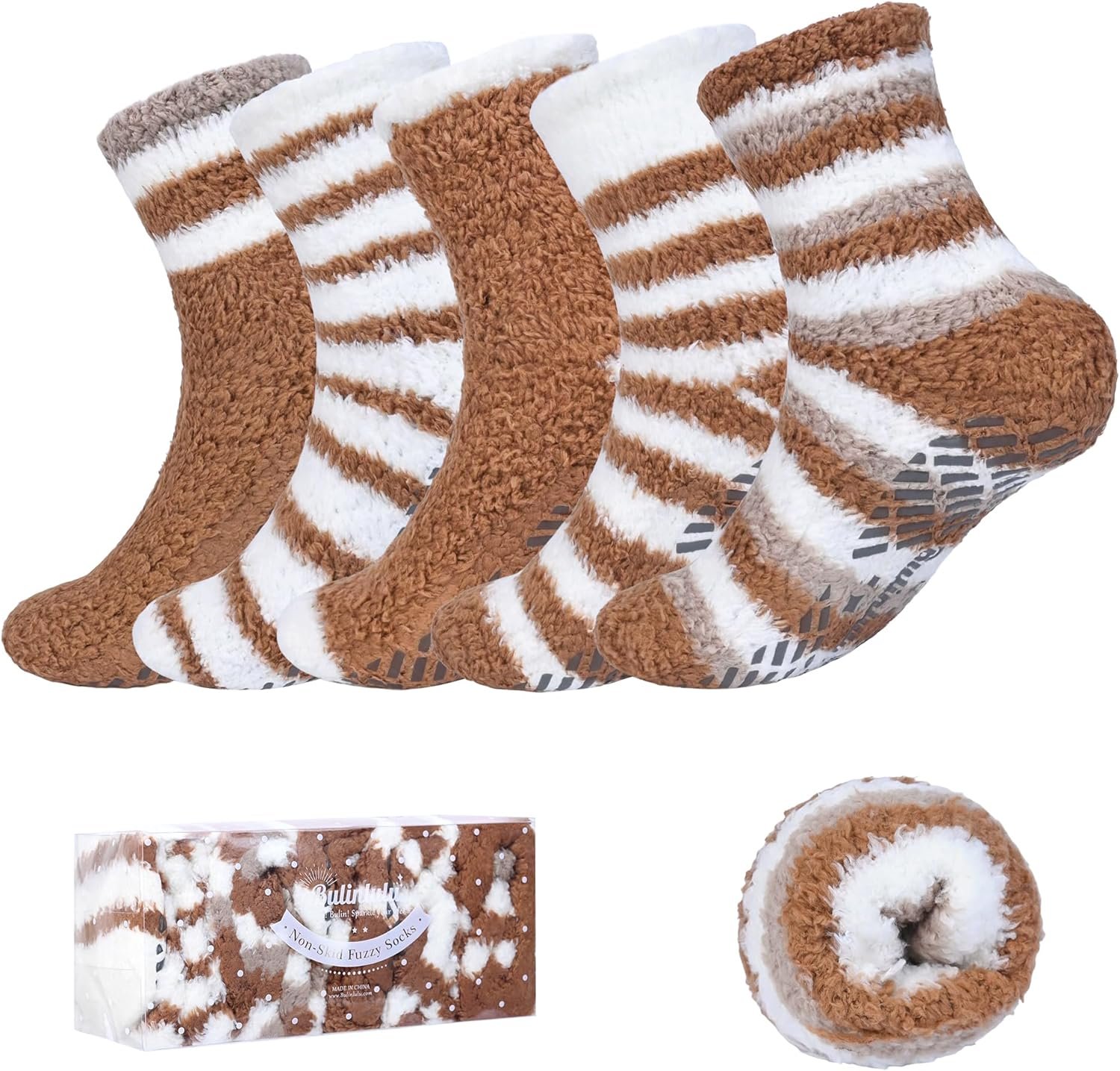 Bulinlulu Fuzzy Socks With Grips for Women 5-Pairs Non Slip Sleep Warm Fluffy Slipper Socks Mother’s Day Gifts for women