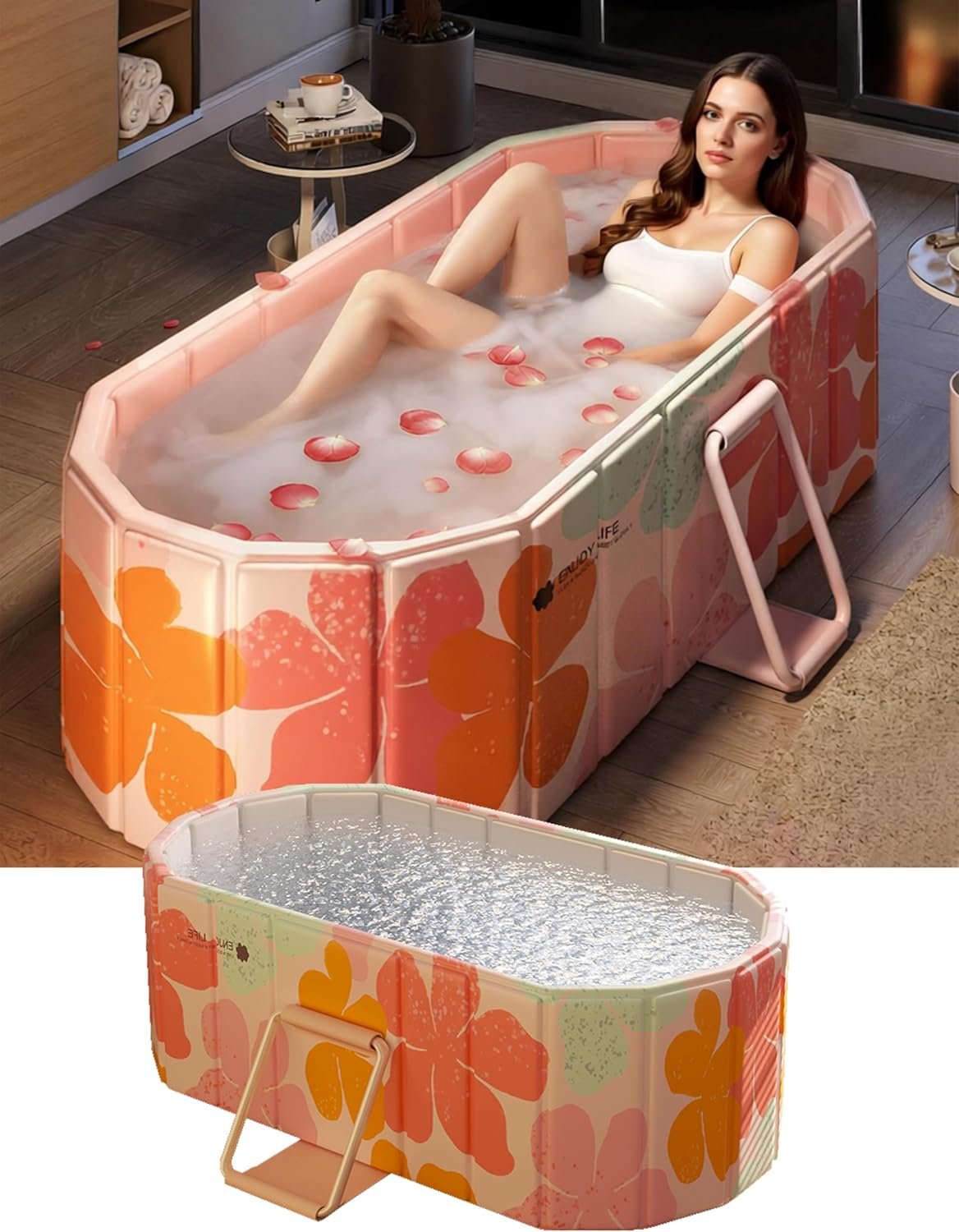 Portable Bathtub Ice Bath Tub – Foldable Collapsible Bathtub for Adult Shower Bathroom Hot SPA Soaking Cold Plunge Tub Freestanding Bathtub Indoor Outdoor 47″Lx22″Wx20″H Pink