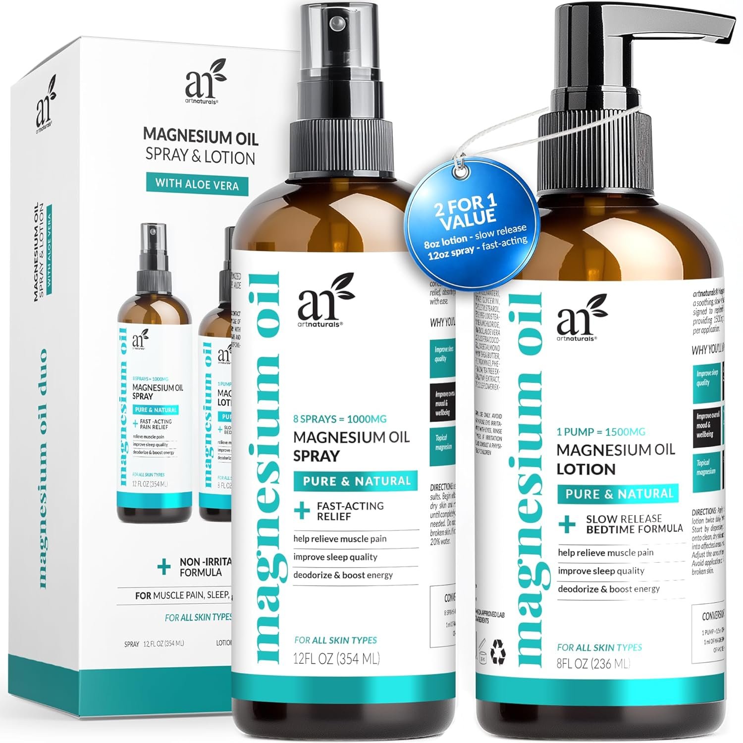 Artnaturals Magnesium Oil Spray 12oz + Body Lotion 8oz Set with Aloe Vera – Pure Topical Magnesium Chloride for Muscle Pain Relief, Sleep Support, Leg Cramps & Relaxation – Fast Absorbing