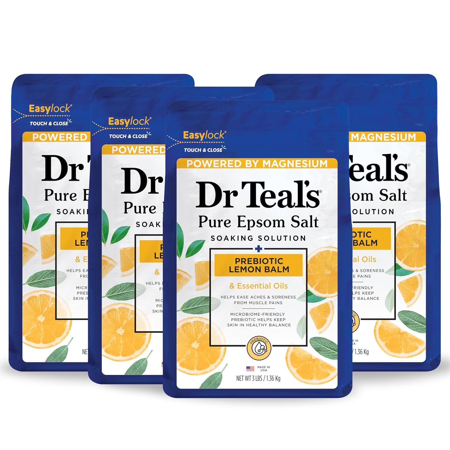 Dr Teal’s Pure Epsom Magnesium Salt Soak, Prebiotic Lemon Balm & Essential Oil, 3 lbs (Pack of 4)