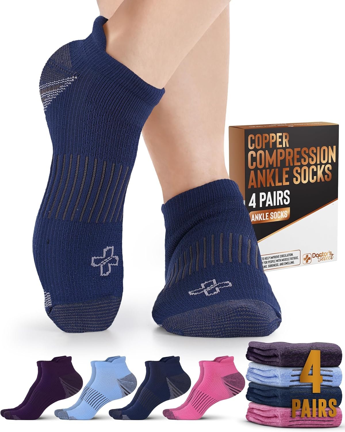 Doctor’s Select Copper Ankle Compression Socks for Women and Men – 4 Pairs | Athletic Running Plantar Fasciitis Socks