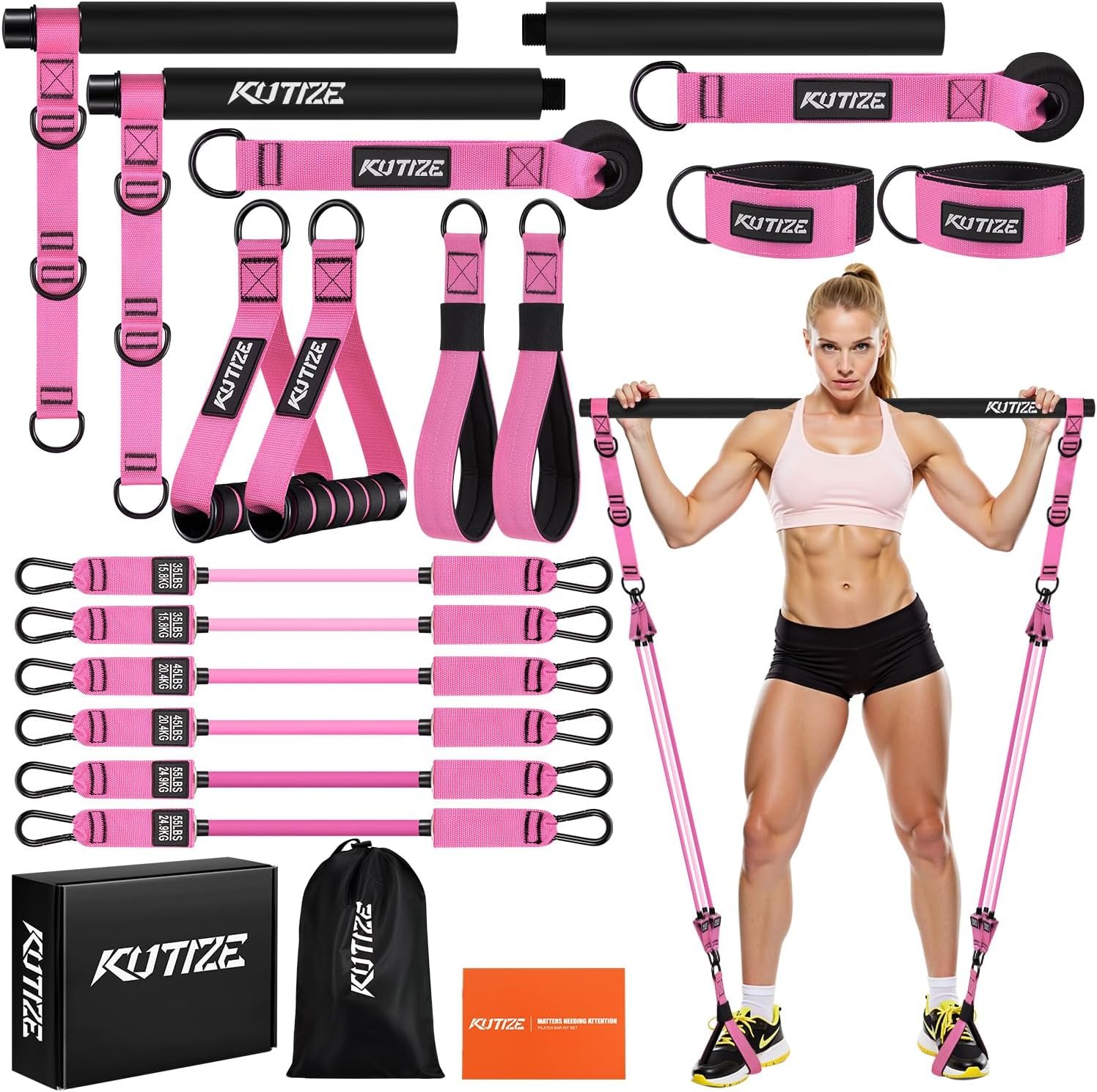 KUTIZE Pilates Bar Kit with Resistance Bands, Heavy Duty Pilates Equipment for Men, Training Bands with Handles for Legs, Hip, Back, Arm, Abs, Chest, Shoulders, Portable Home Gym Workout Equipment