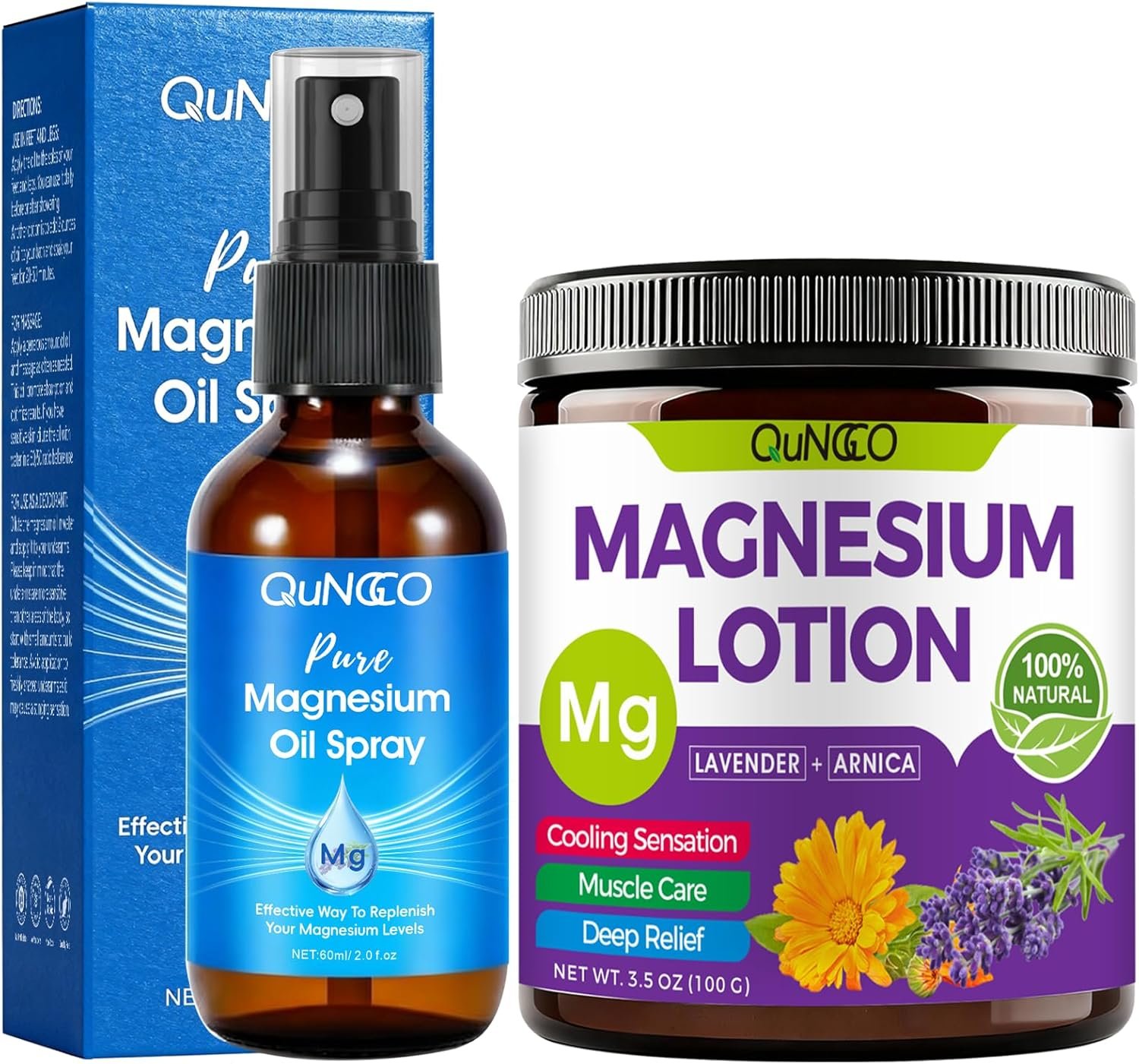 Pure Magnesium Oil Spray + Lotion Set for Sleep,Leg,Muscle Relaxation – Unscented, Non-Greasy, Less Itch, 100% Magnesium Chloride Brinre, Lotion Have Moisturizing Supplement with Arnica,Lavender