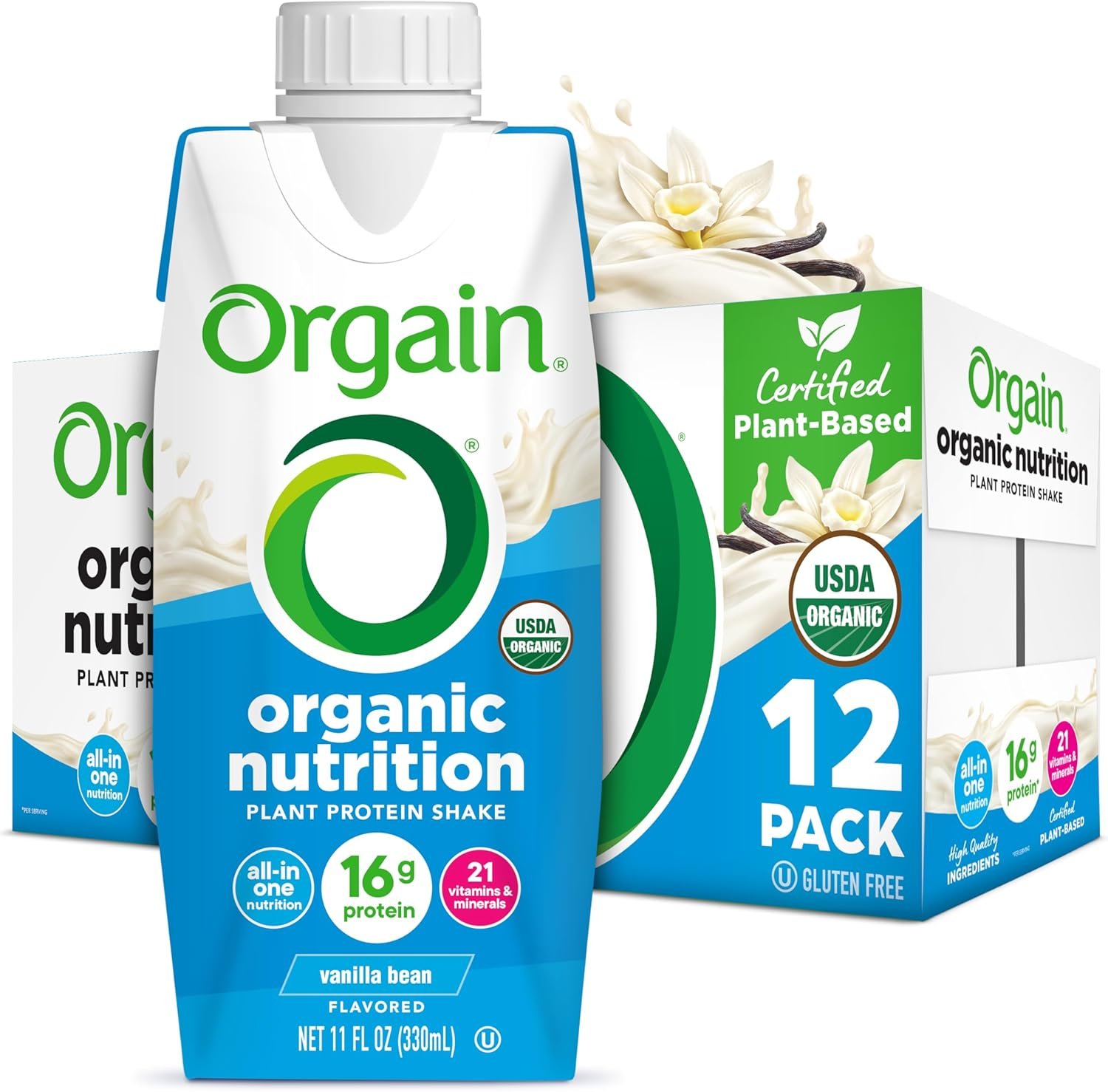 Orgain Organic Nutritional Vegan Protein Shake, Vanilla Bean – 16g Plant Based Protein, Meal Replacement, 21 Vitamins & Minerals, Fruits & Vegetables, Gluten Free, Non-GMO, 11 Fl Oz (Pack of 12)