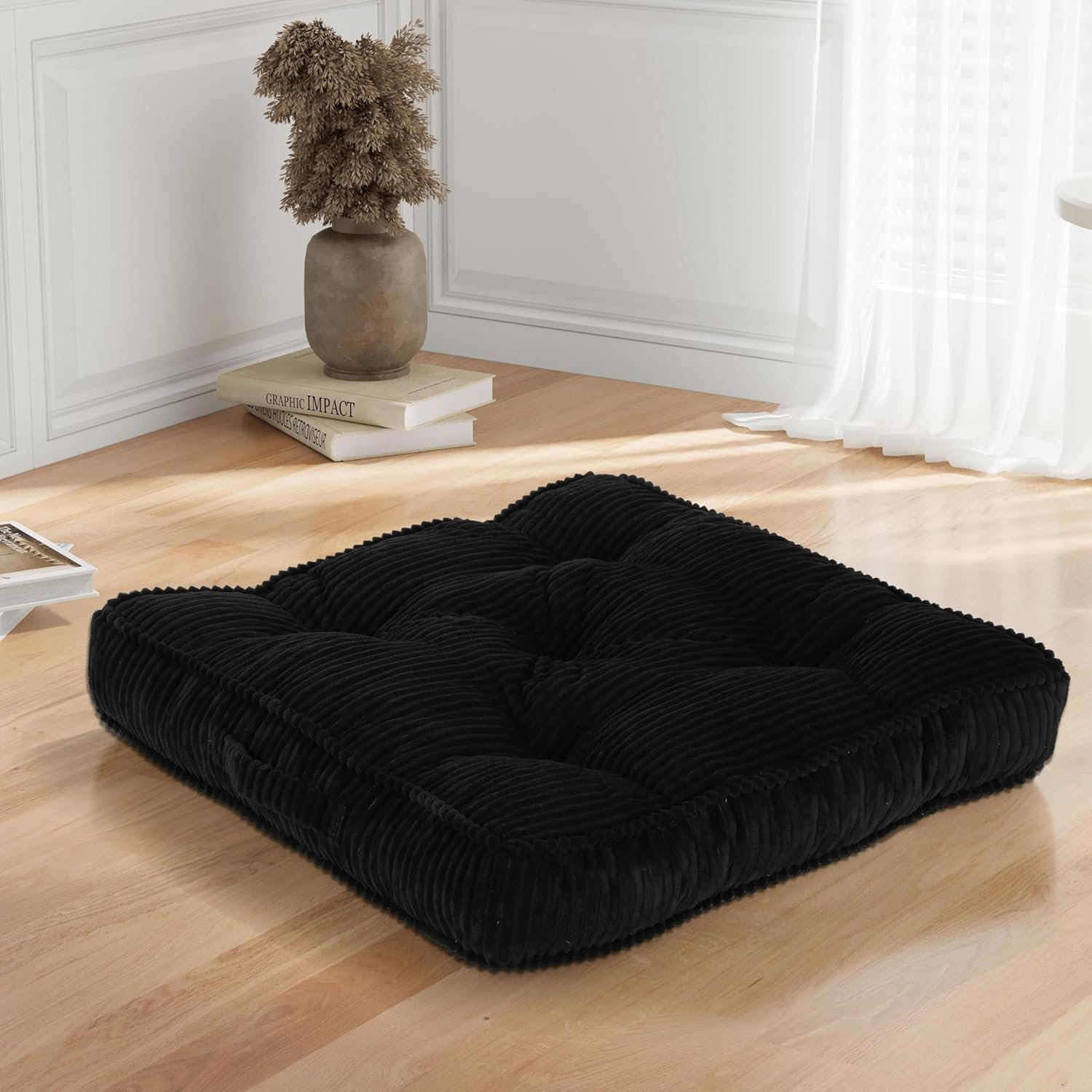 Square Floor Pillow for Adults, Tufted Floor Cushion for Sitting, Large Meditation Cushion, Thick Corduroy Seat with Handle, Tatami Seating for Yoga, 22×22 Inch Black, 1Pack