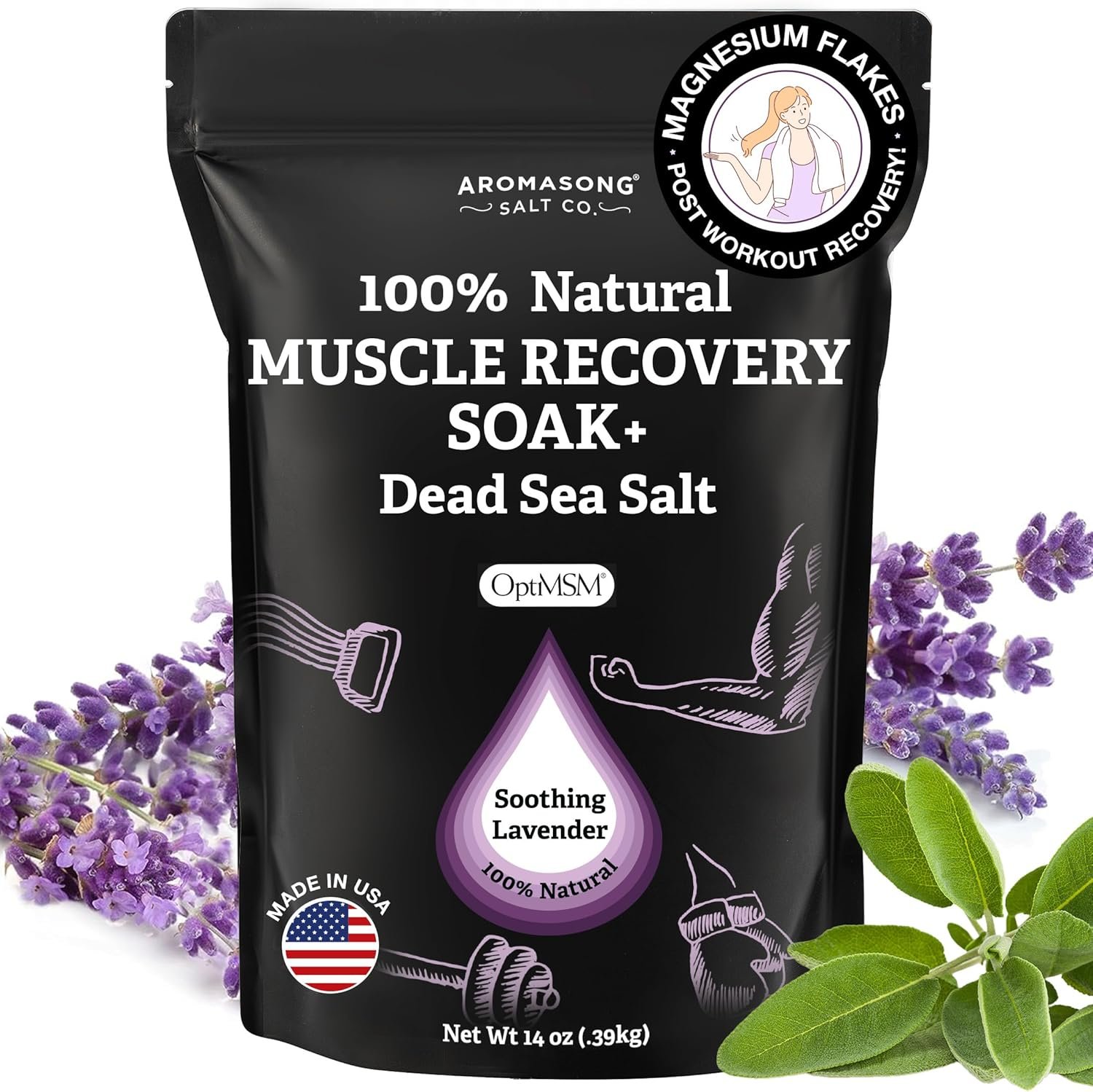Aromasong Muscle Recovery Bath Soak with Dead Sea Salt, OptiMSM, Magnesium Flakes & Essential Oils for Post Workout Soreness – Made in USA – 14 oz. Bag Bath Salt for Pain Relief.
