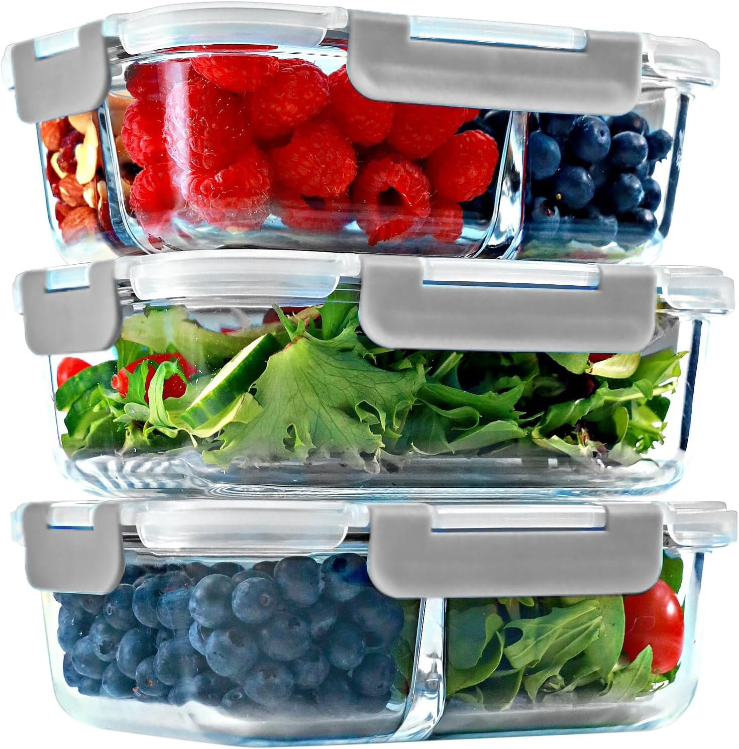 FIT Strong & Healthy Meal Prep Containers Glass, 1 & 2 & 3 Compartments – Portion Control Bento Box Adult, Glass Lunch Containers with Lids, Oven & Freezer Safe Bento Box, 35 oz, Gray, 3 Pack