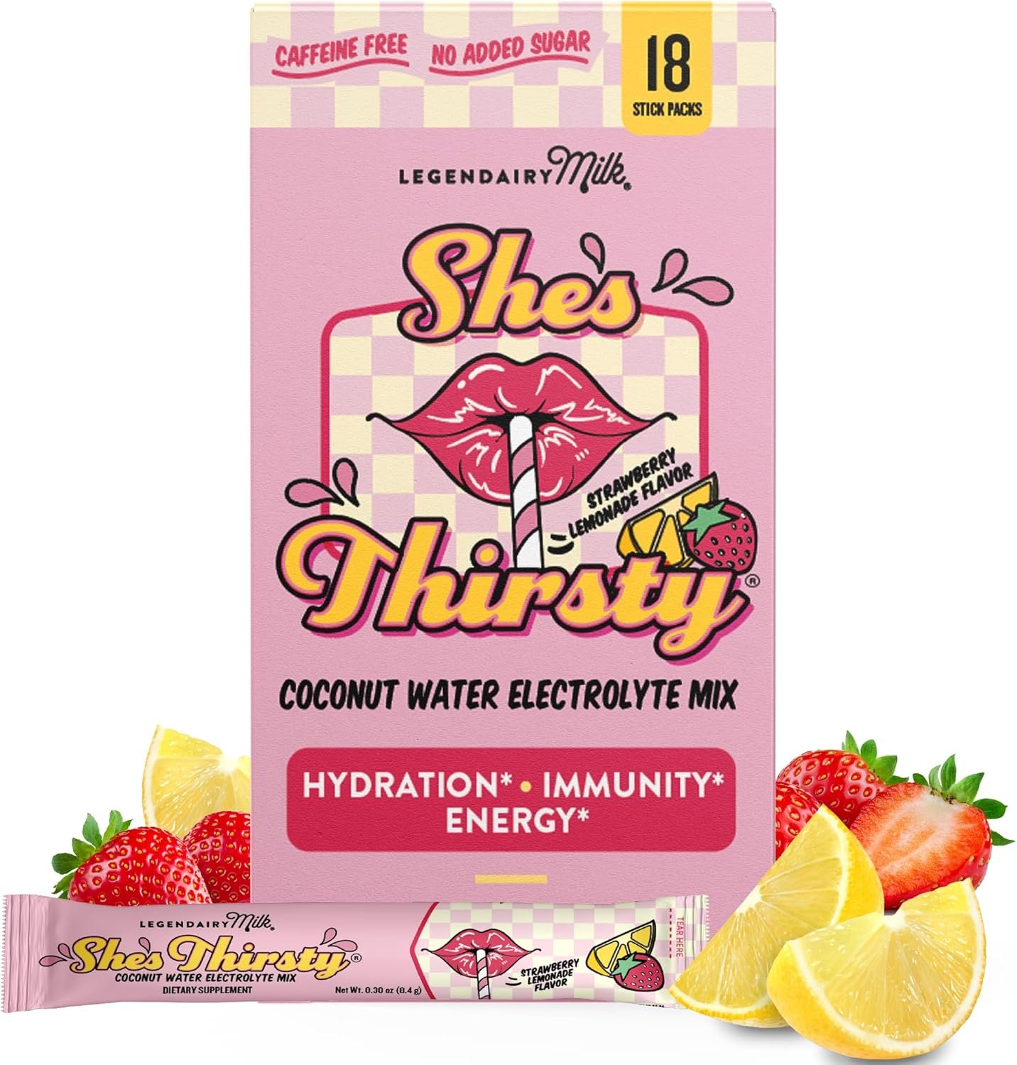 Legendairy Milk She’s Thirsty – Strawberry Lemonade, No Sugar Added Electrolytes Powder Packets–Coconut Water Mix for Women, Instant Hydration Packets, Immune Support, Pregnancy Safe, 18 Ct