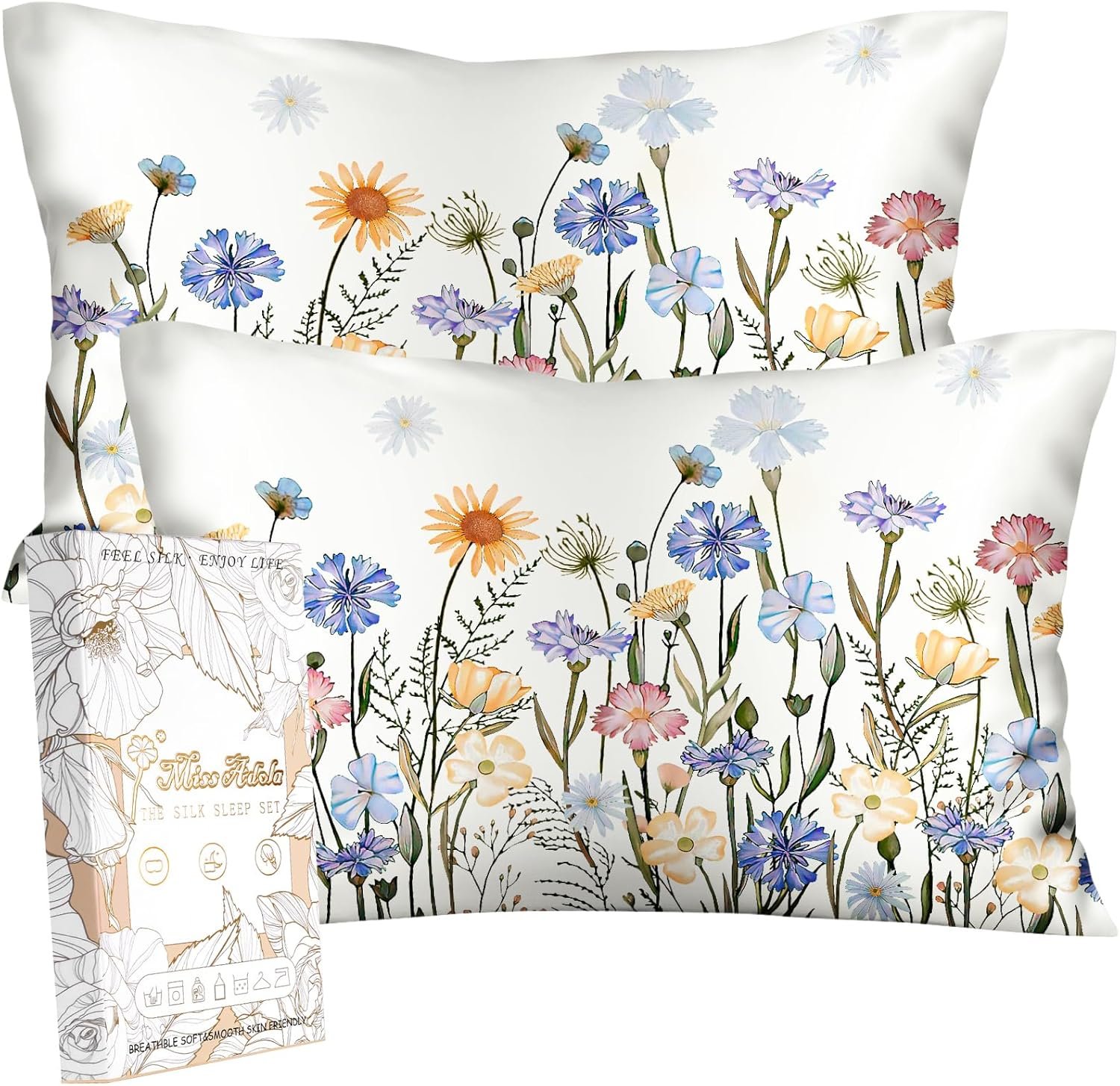 Miss Adola 2 Pack Silk Pillowcase – Standard Size 20 x 26 Inch Silky Pillow Case for Hair and Skin Soft Cute Aesthetic Bed Sleeping Pillow Cover with Zipper for Women, Colorful Flower