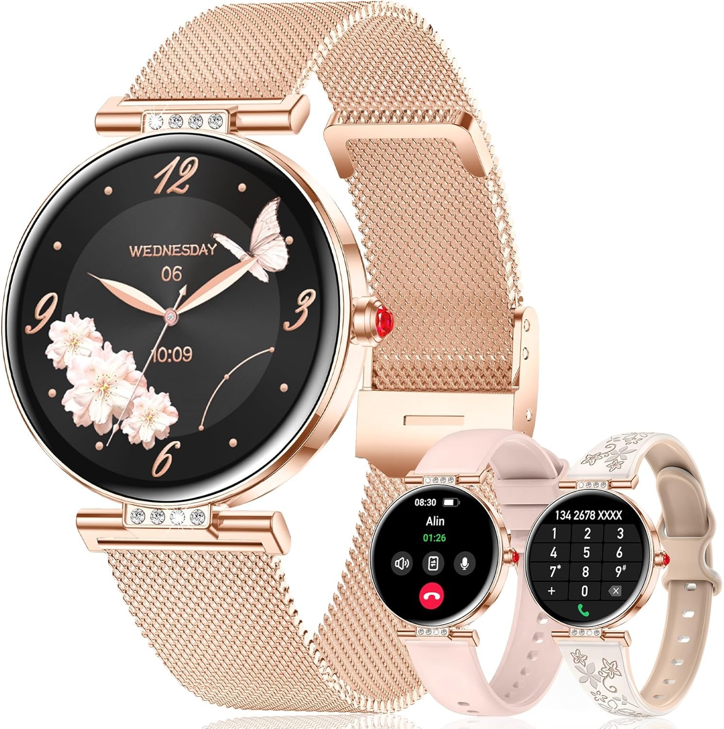 Smart Watch for Women, 1.19″ AMOLED Touchscreen Fitness Watch（Calls/Notifications）3 Straps, 24H Heart Rate/Sleep Monitor/Female Cycle, 120+ Sports Modes, IP68 Waterproof Smartwatch for Android iPhone